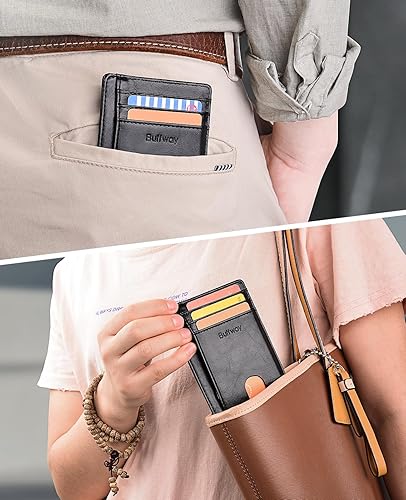 Miniatura 7 de Buffway - Billetera delgada minimalista de cuero con protección RFID para hombre y mujer, negro (Alaska Black)