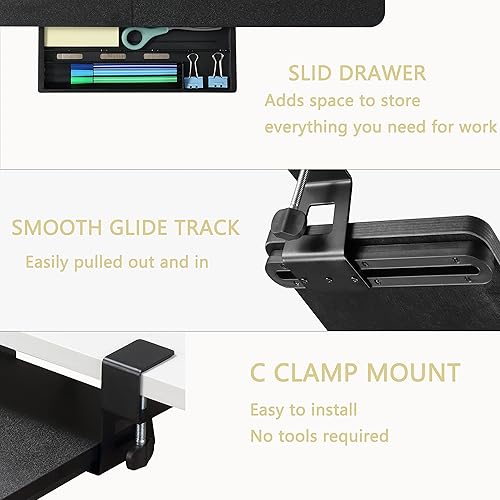 Miniatura 3 de ETHU Bandeja para teclado debajo del escritorio, 26.77 x 11.81 pulgadas, bandeja de teclado de gran tamaño con soporte de abrazadera en C, fácil de
