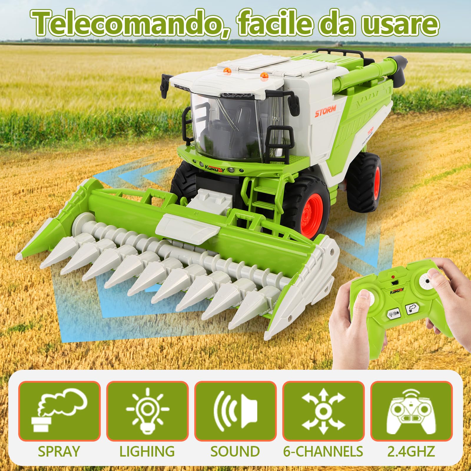 Charmofun Mietitrebbia Telecomandata con Spruzzatura, Trattore Radiocomandato per Bambini, 2,4 Ghz RC Trattore Giocattolo, Giocattoli Agricoltura Playset Regali