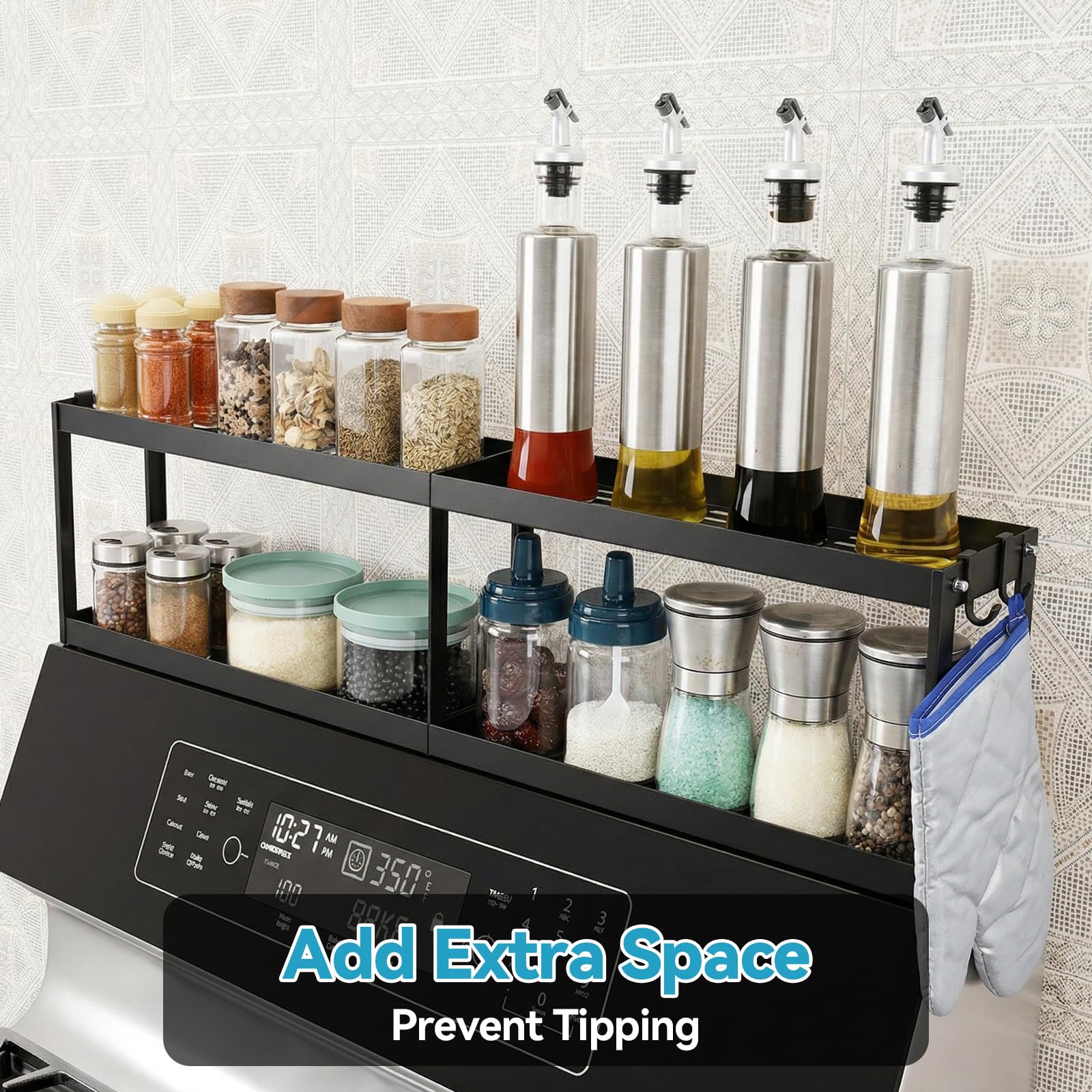 OTraki Étagère à épices magnétique à 2 niveaux pour cuisinière avec 2 tapis antidérapants - Organiseur d'assaisonnement au-dessus de la cuisinière avec 4 crochets - Étagère magnétique pour