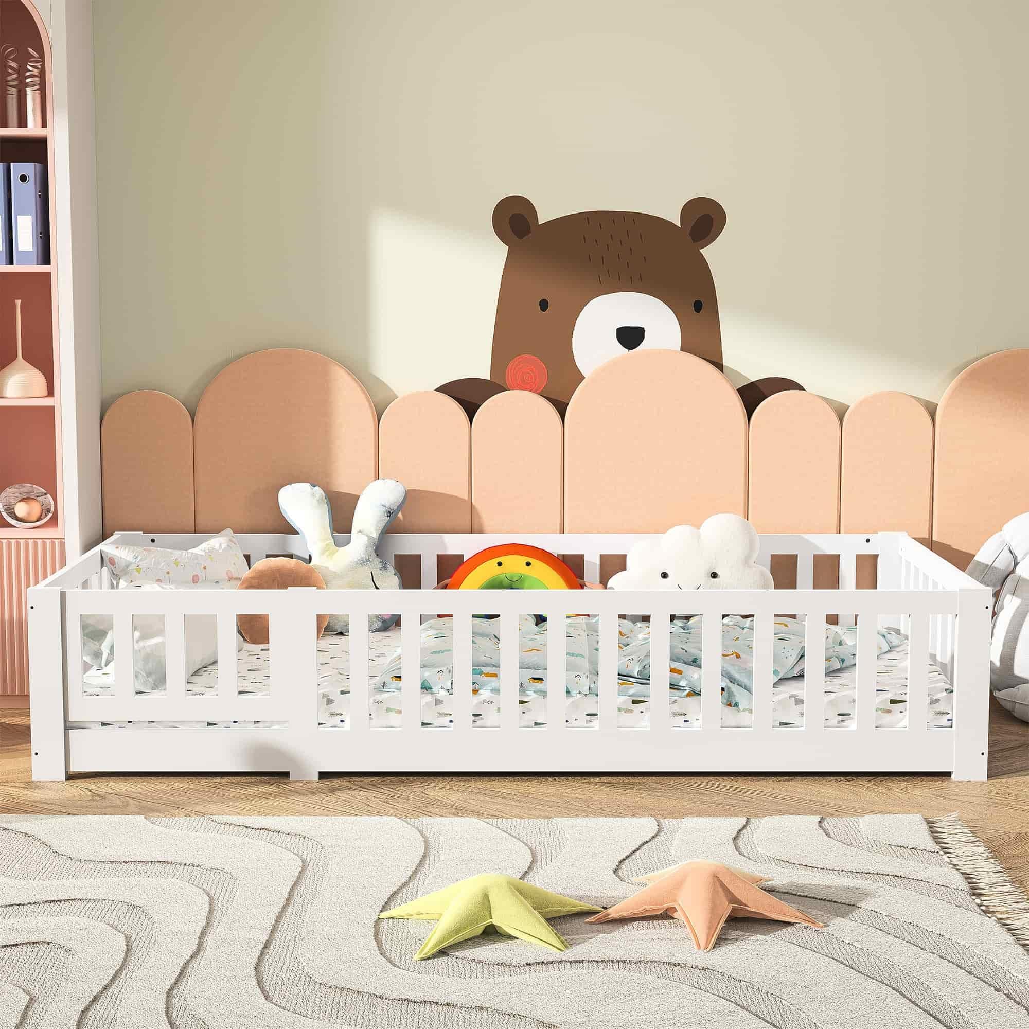 BestAlice Cama infantil Montessori de 90 x 190 cm, con protección anticaída y somier, cama juvenil, cama individual, para niñas y niños, madera maciza de pino incluida, color blanco