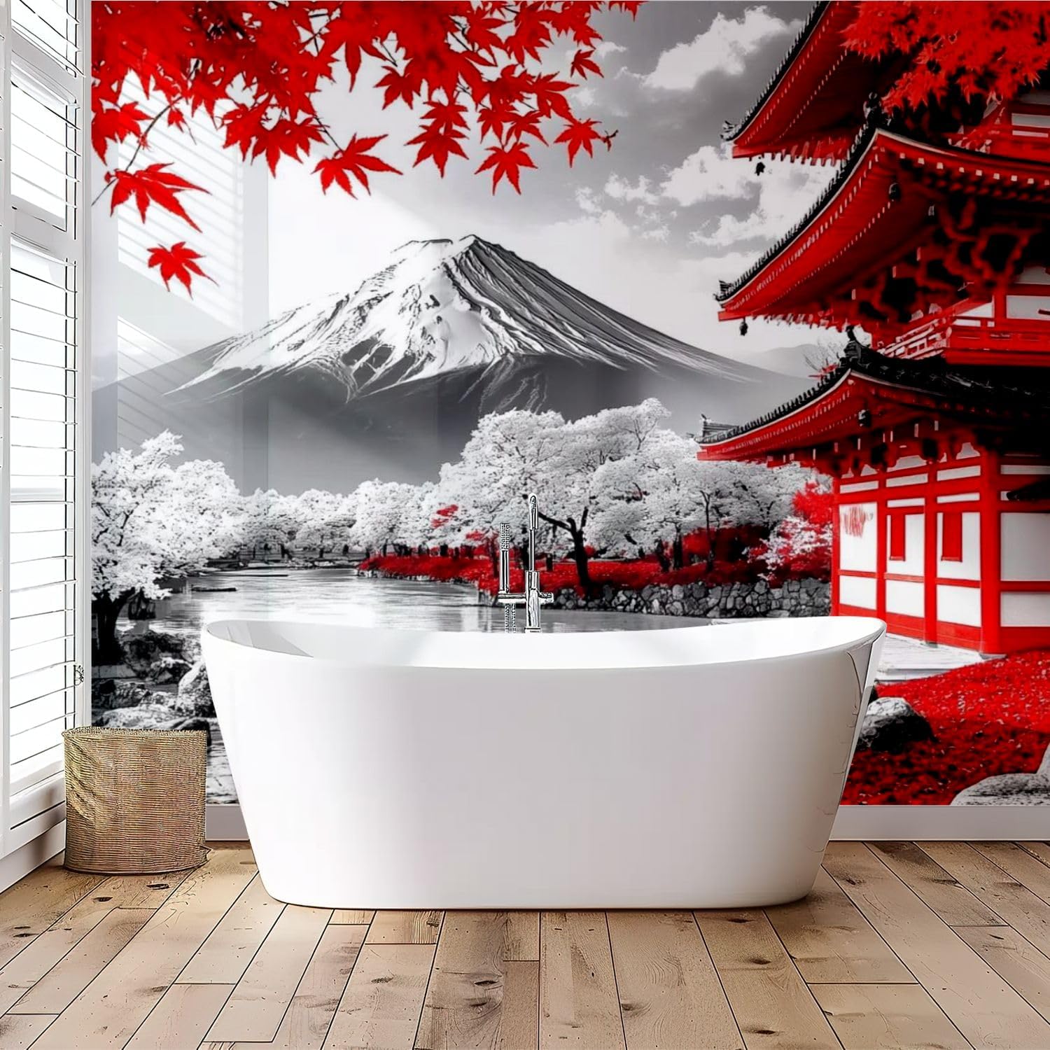 Black and White Pop of Red Japanese Temple Autumn Fall Landscape Mount Wall Mural Peel & Stick Wallpaper Removable Self-Adhesive Large Wall Sticker Wall Decor for Bedroom Living Room Nursery 69"x98"