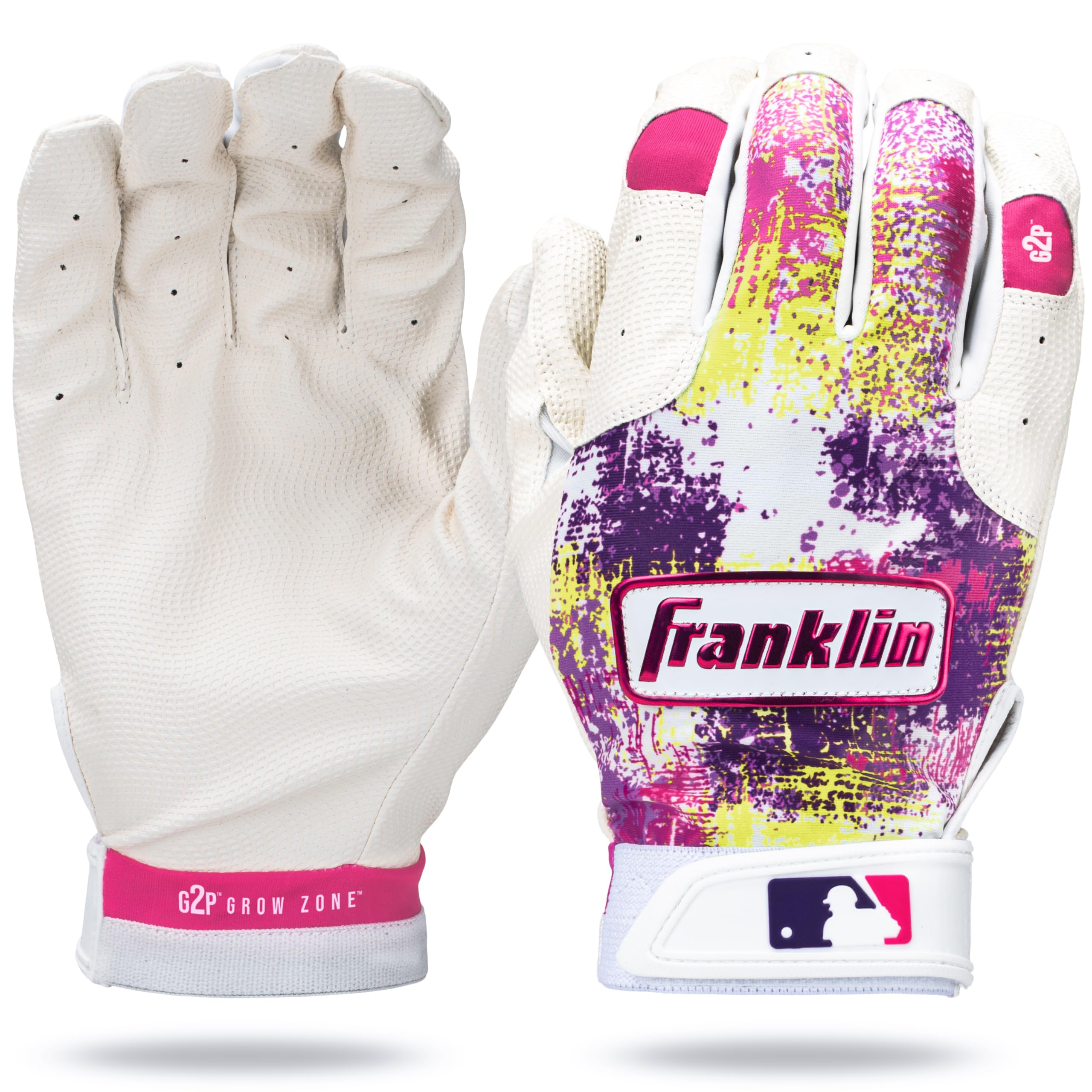 Franklin Sports MLB Youth Teeball Batting Gloves - Grow to Pro Kids Baseball + Softball Batting Gloves - Boys + Girls Pairs for Teeball, Baseball + Softball - Pink/White - Youth Small