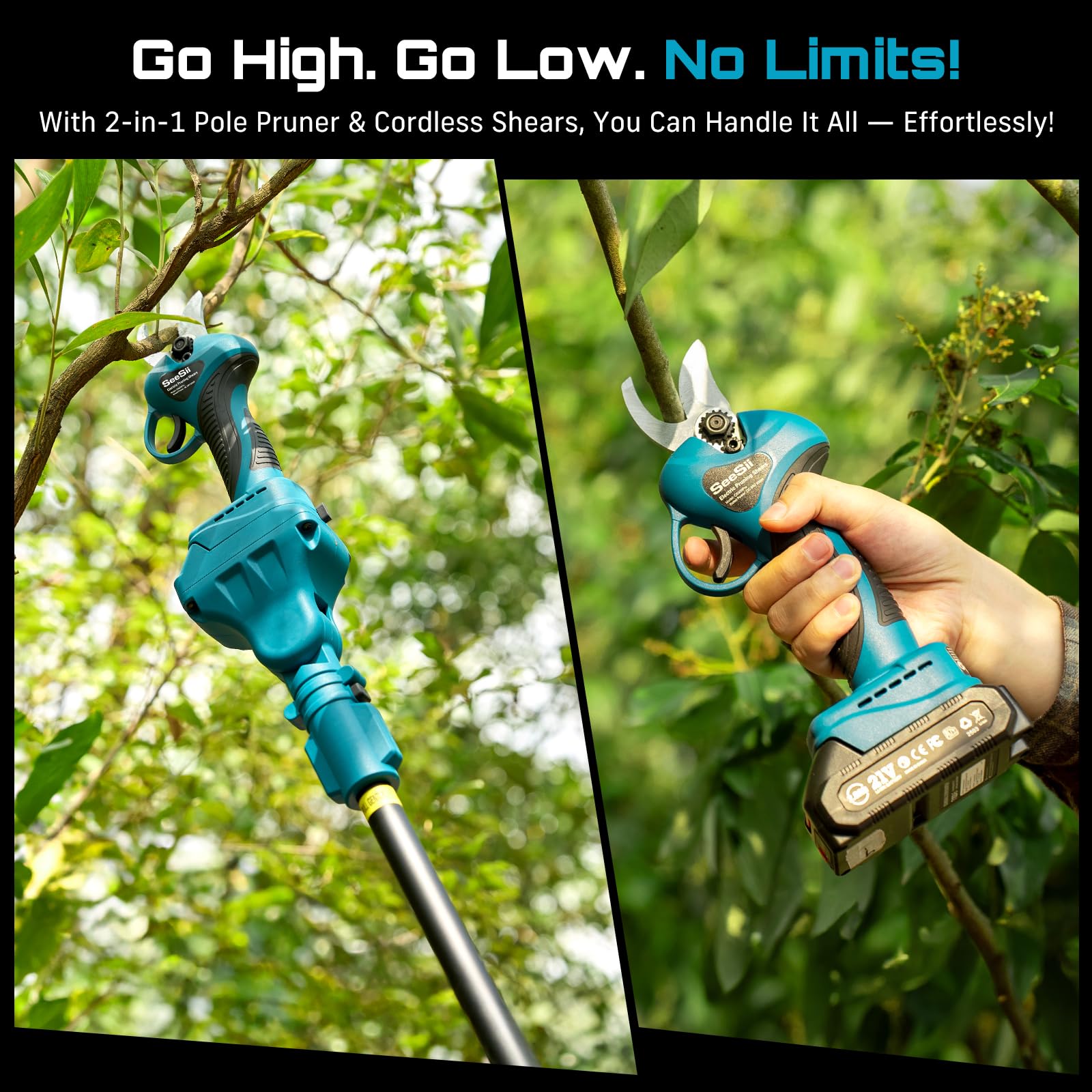 Seesii Tijeras de Podar Eléctricas con Batería, 2 in 1 Seesii 33 mm Podadora Telescópica con 2.4M Pértiga de Extensión, 2x2000mAh Batería, Podadora de Jardín Eléctrica para Jardineria, Olivos