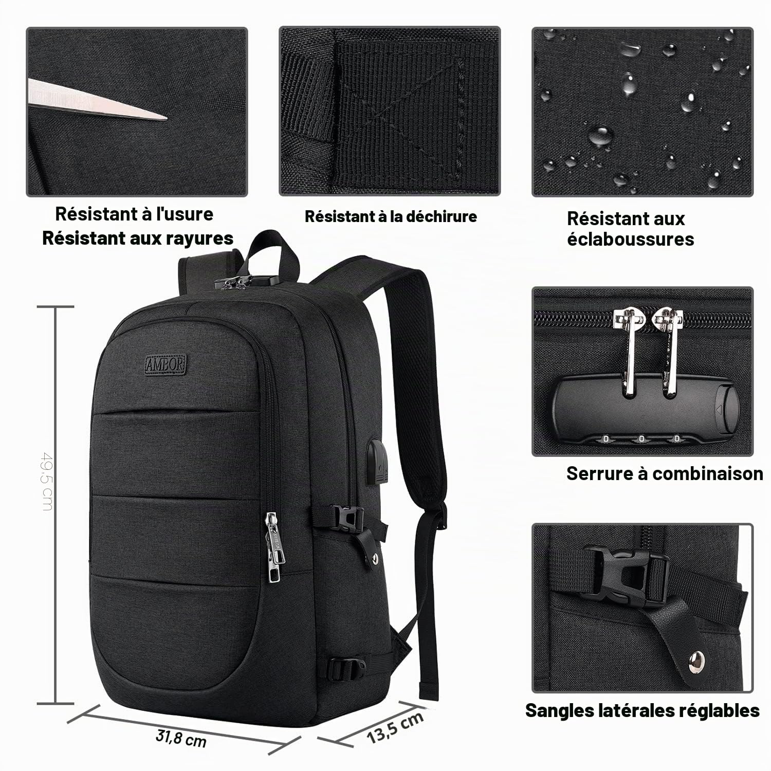 AMBOR Sac à Dos Ordinateur Portable 17.3 Pouces Imperméable avec USB Charging Port Noir