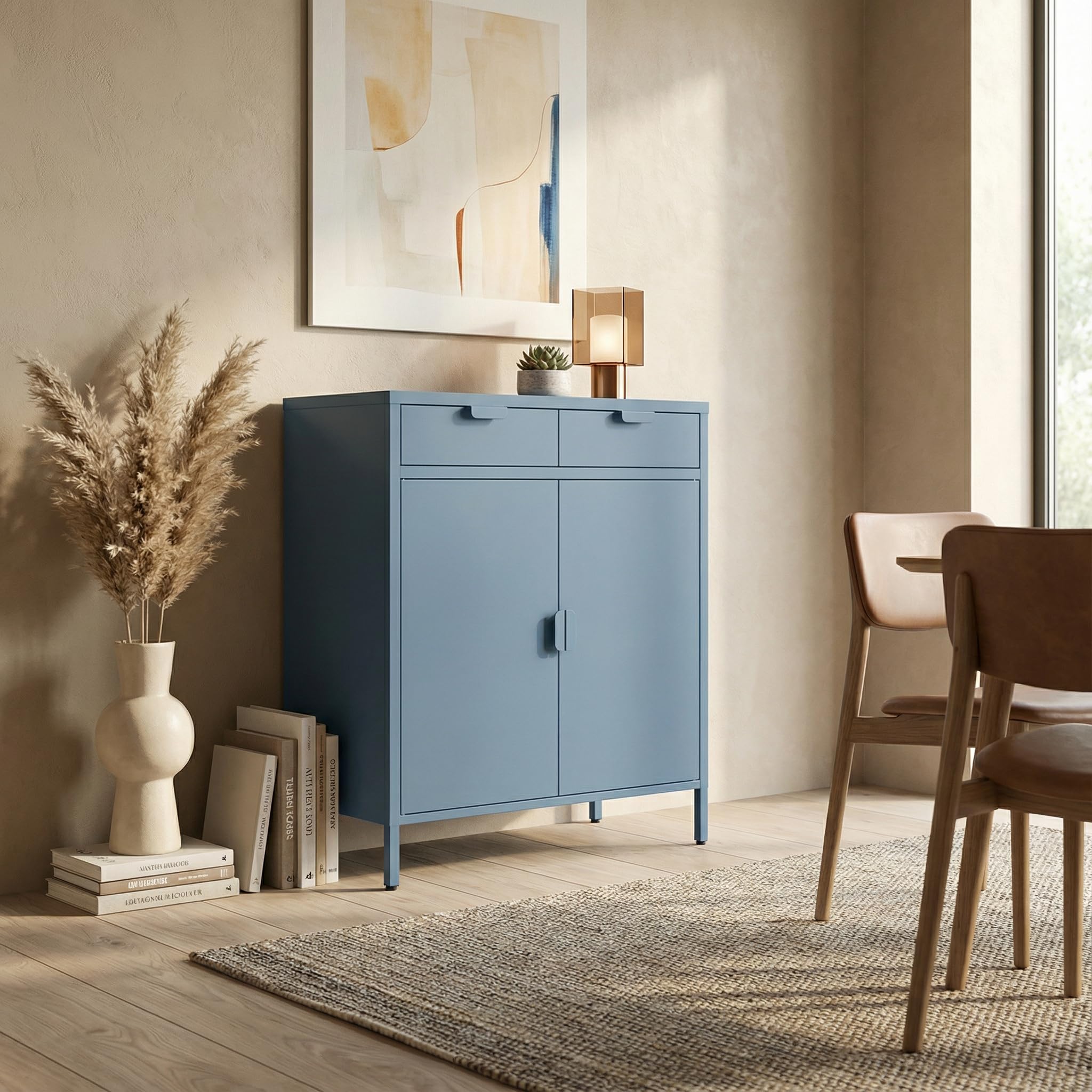 Brigros - Credenza Cucina Moderna In Metallo 2 Ante E 2 Cassetti Con Ripiano Interno 80x38x110 Cm, Mobile Dispensa Salvaspazio Per Cucina, Soggiorno, Ingresso Linea Pop (Ceruleo)