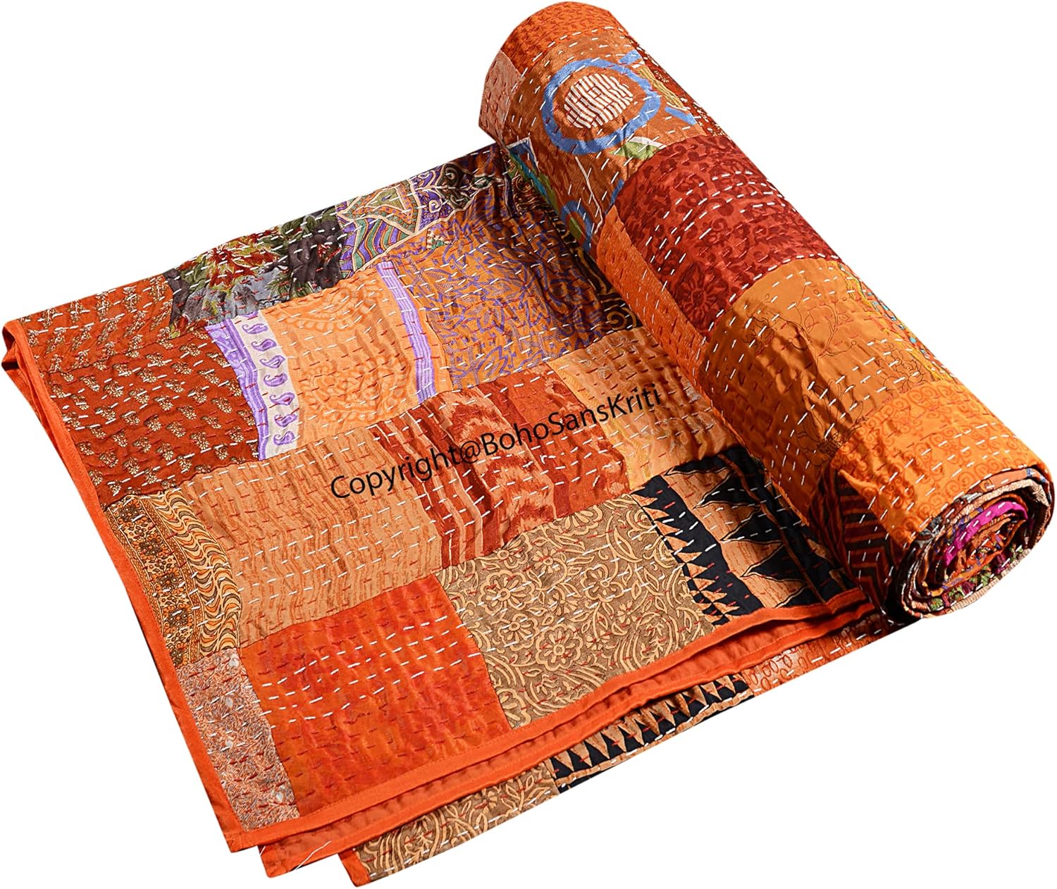 Boho Sanskriti Indian Silk Patchwork Kantha Quilts Queen Twin Size Patola Bedspread Throws Bedding Comforter Hand Quilted Blankets Premium Bohemian Bed Cover for Sale- Mix Orange Color Shades Patches