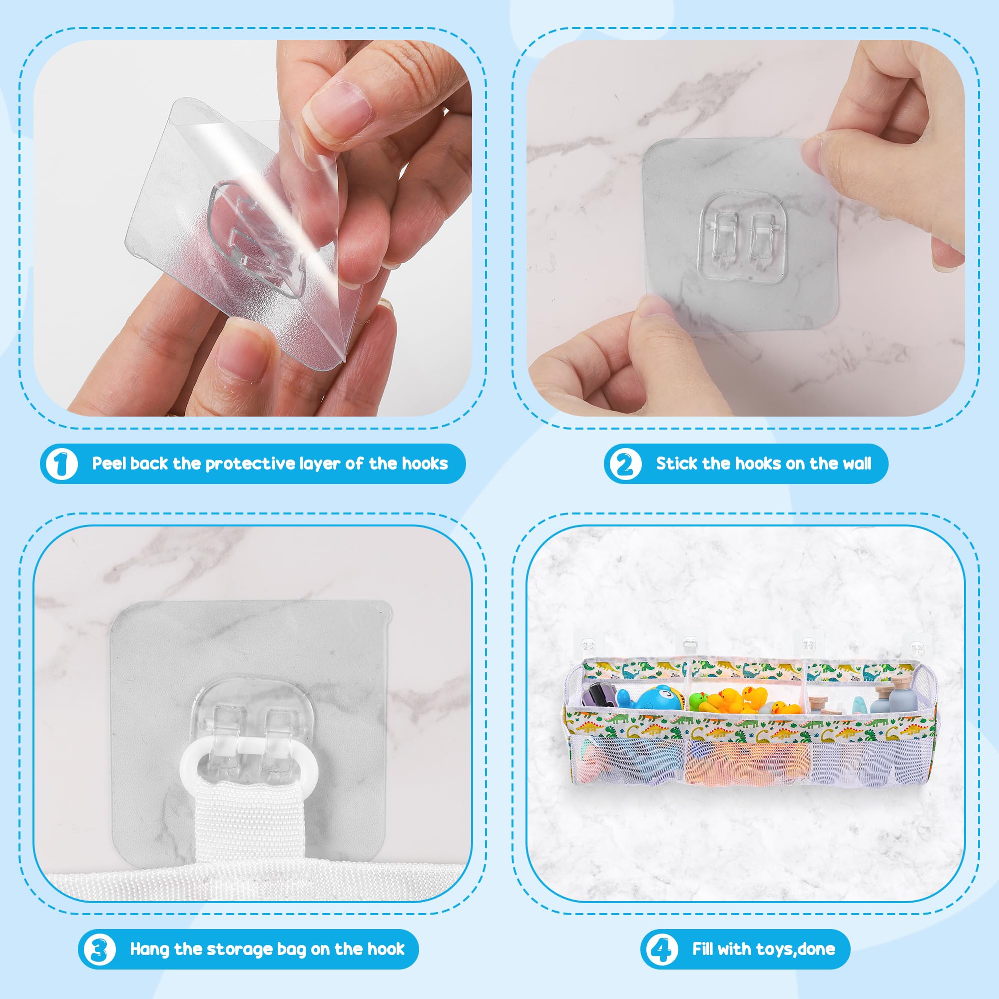 Organizador de almacenamiento de juguetes de baño de dinosaurios, soporte de juguetes de baño de 3 compartimentos para tinas con grandes aberturas, gran capacidad y malla de secado rápido, 4 6