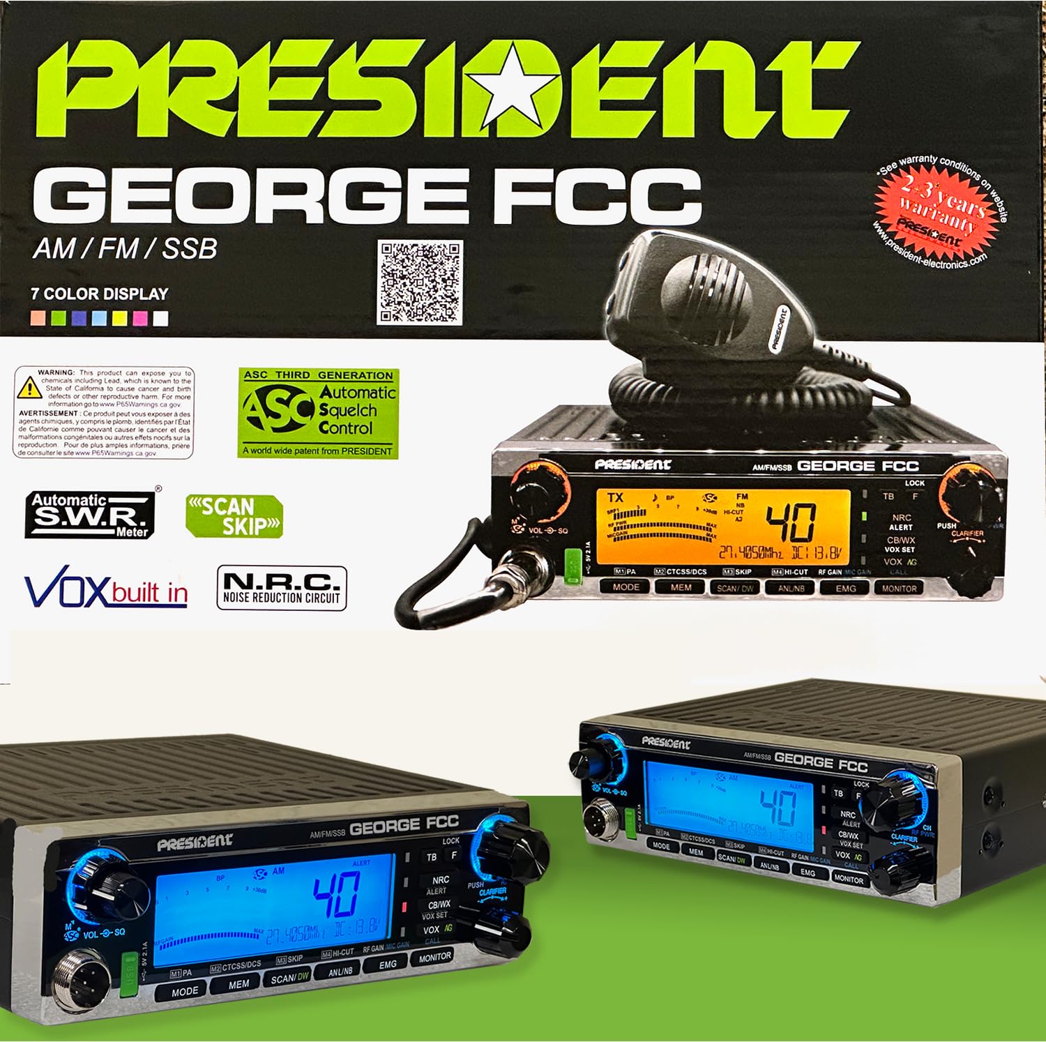 President George FCC AM/FM/SSB CB Radio, CTCSS/DCS, ampio display LCD a 7 colori, canale meteo/allarme, ASC, VOX, salto scansione, porta USB, NRC, SWR automatico, PA, SWR e protezione di tensione