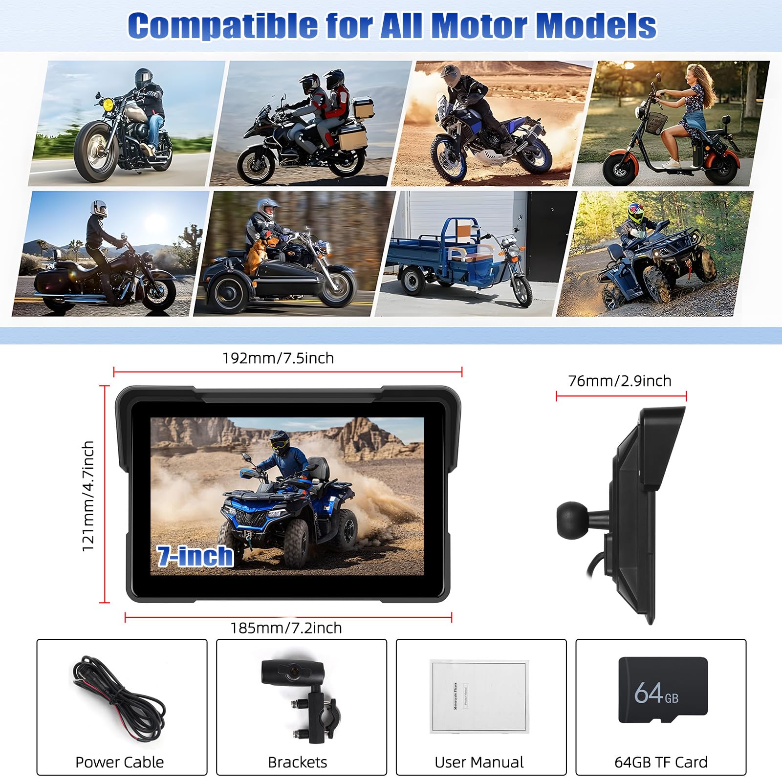 [2025] CAMECHO 7 Pulgadas Inalámbrico Moto Carplay Android Auto, IP67 Impermeable HD Pantalla Táctil GPS Display para Motos con Doble Bluetooth +EQ Airplay Android Cast Siri, G00gle Assistant — view 7