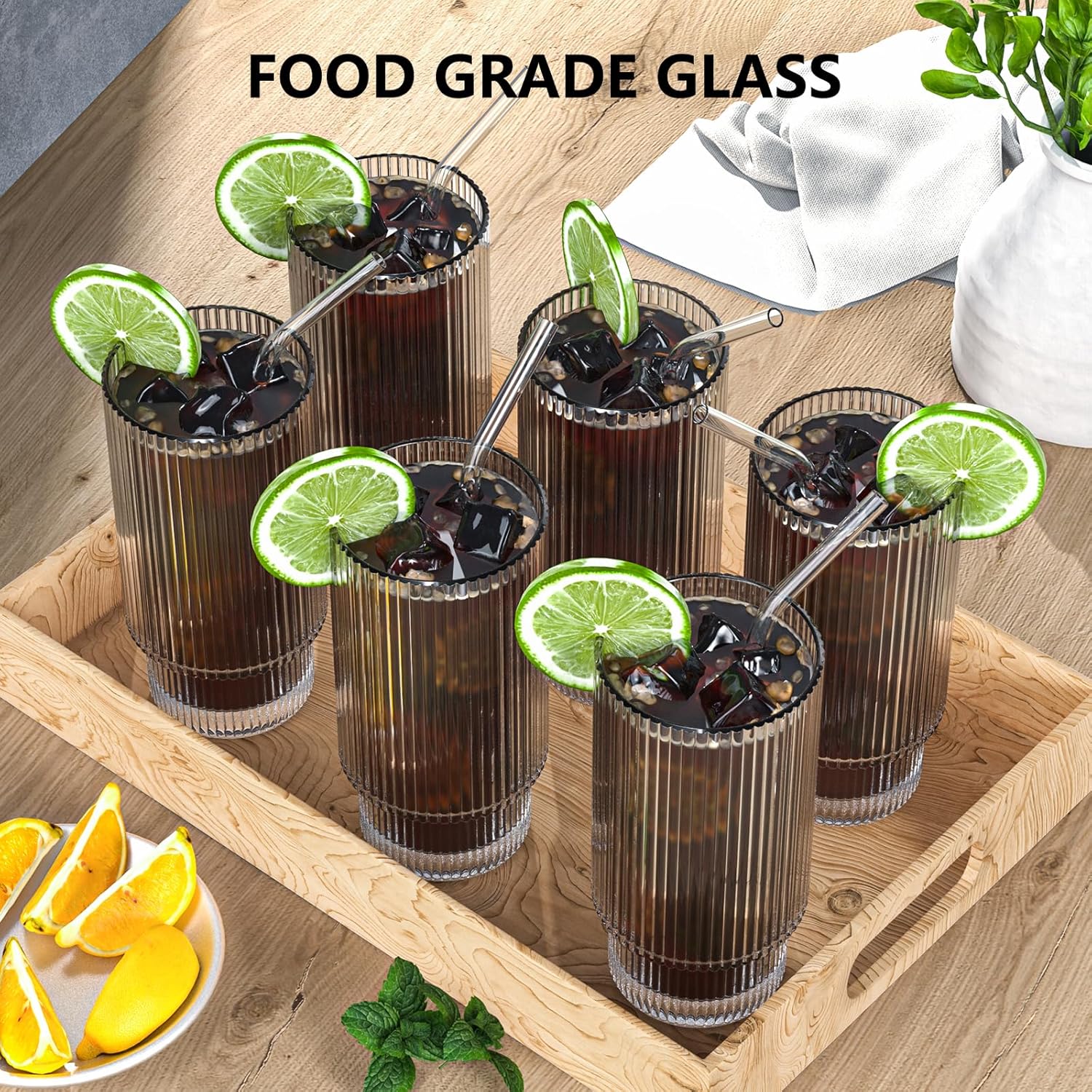 Glass Cups, 16OZ Vintage Glass Coffee Cups with Lids and Straws 8 Set, Vintage Glassware for Whiskey Cocktail Beer, Iced Coffee Cups with Lid, Glass Tumbler with Straw and Lid