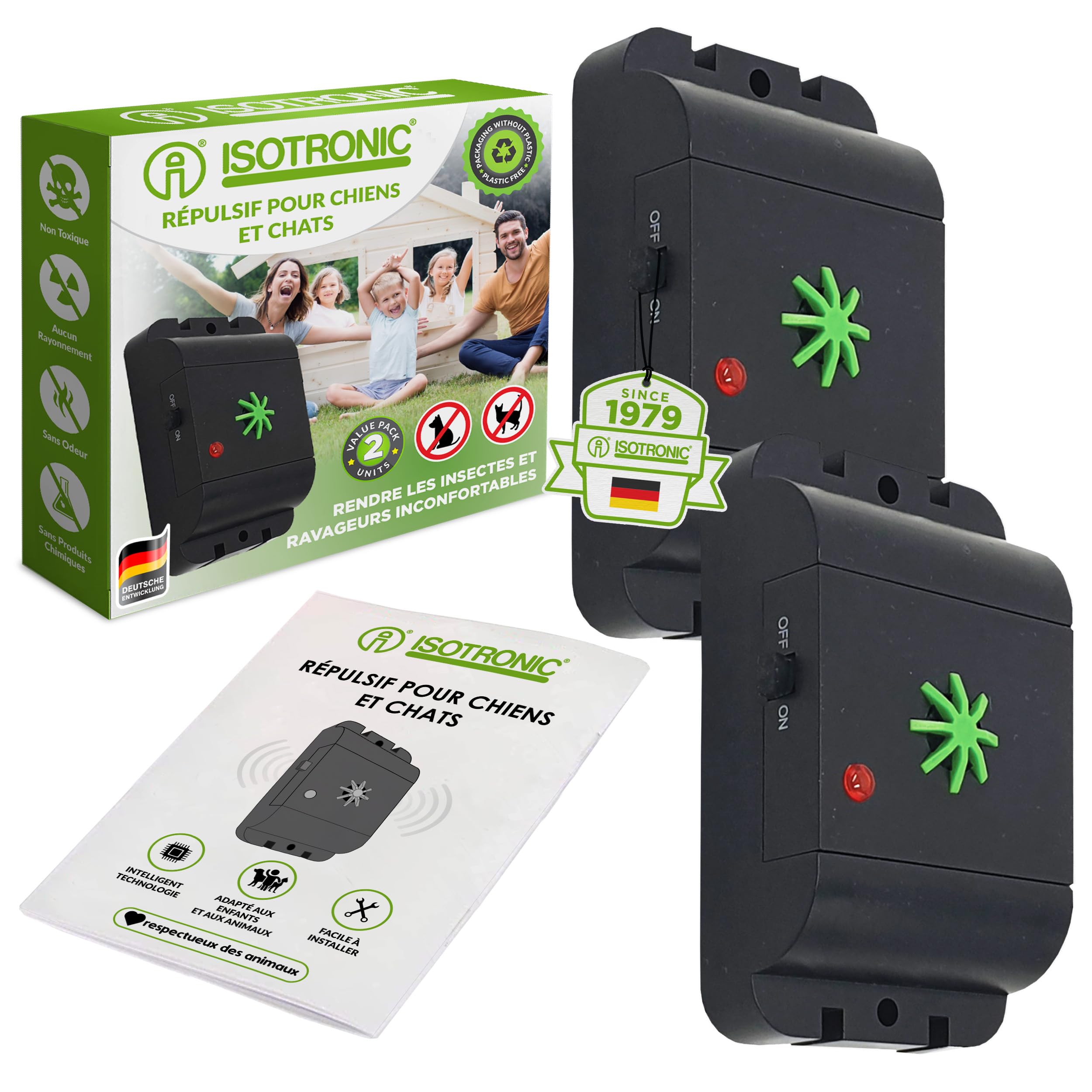 ISOTRONIC Anti Chat Chien Deratisation Ultrason Deratiseur Répulsif Electronique Produit Anti Nuisible Dispositif à ultrasons Elimination pour Maison Jardin Voiture - Lot de 2