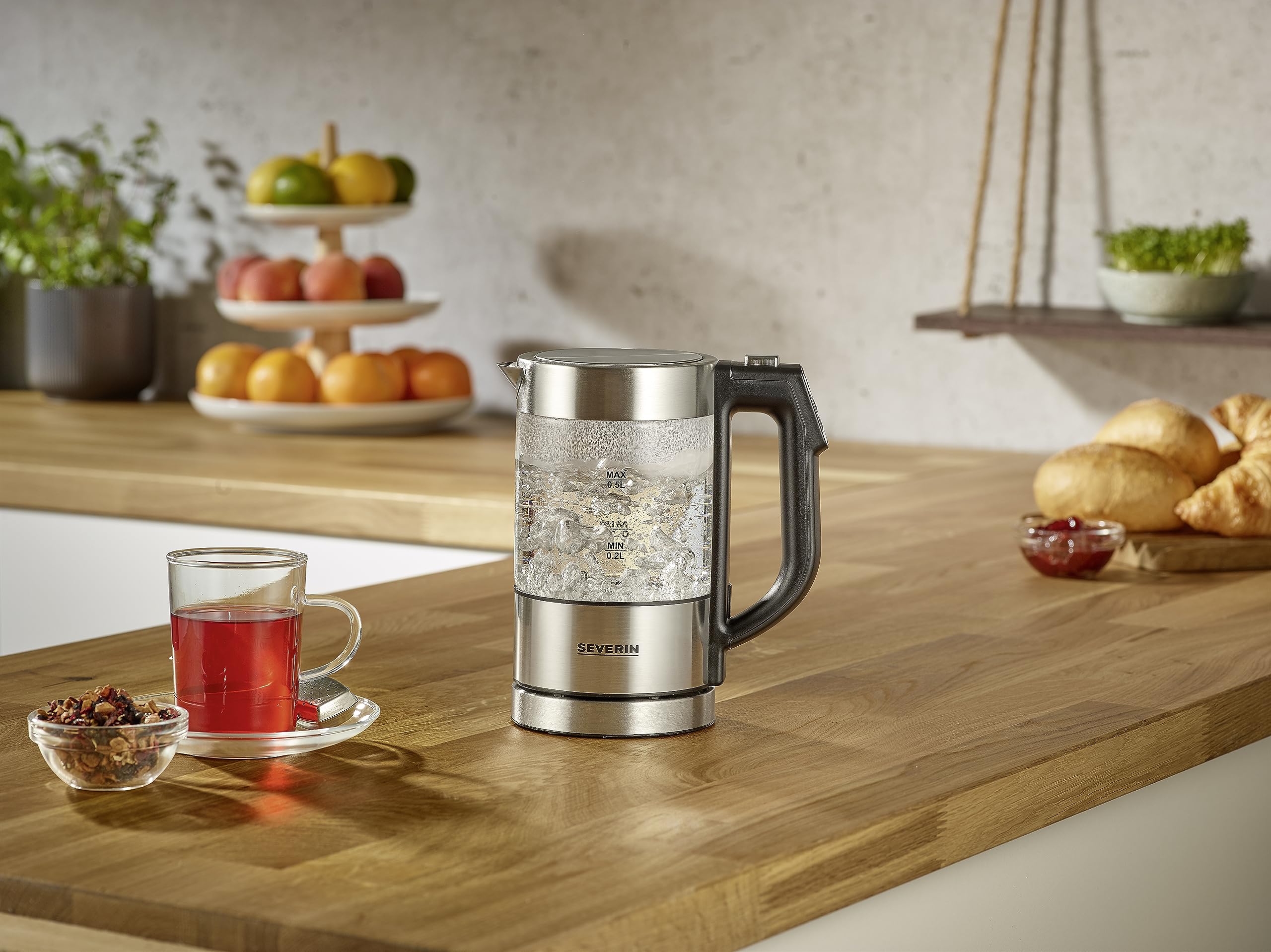SEVERIN Bouilloire en verre 100% sans BPA, 1 100 W, Petite bouilloire réglable par palier de 5°C, Capacité : 0,5 L, Fonction Maintien au chaud, Bouilloire électrique compacte, verre/inox, WK 3458