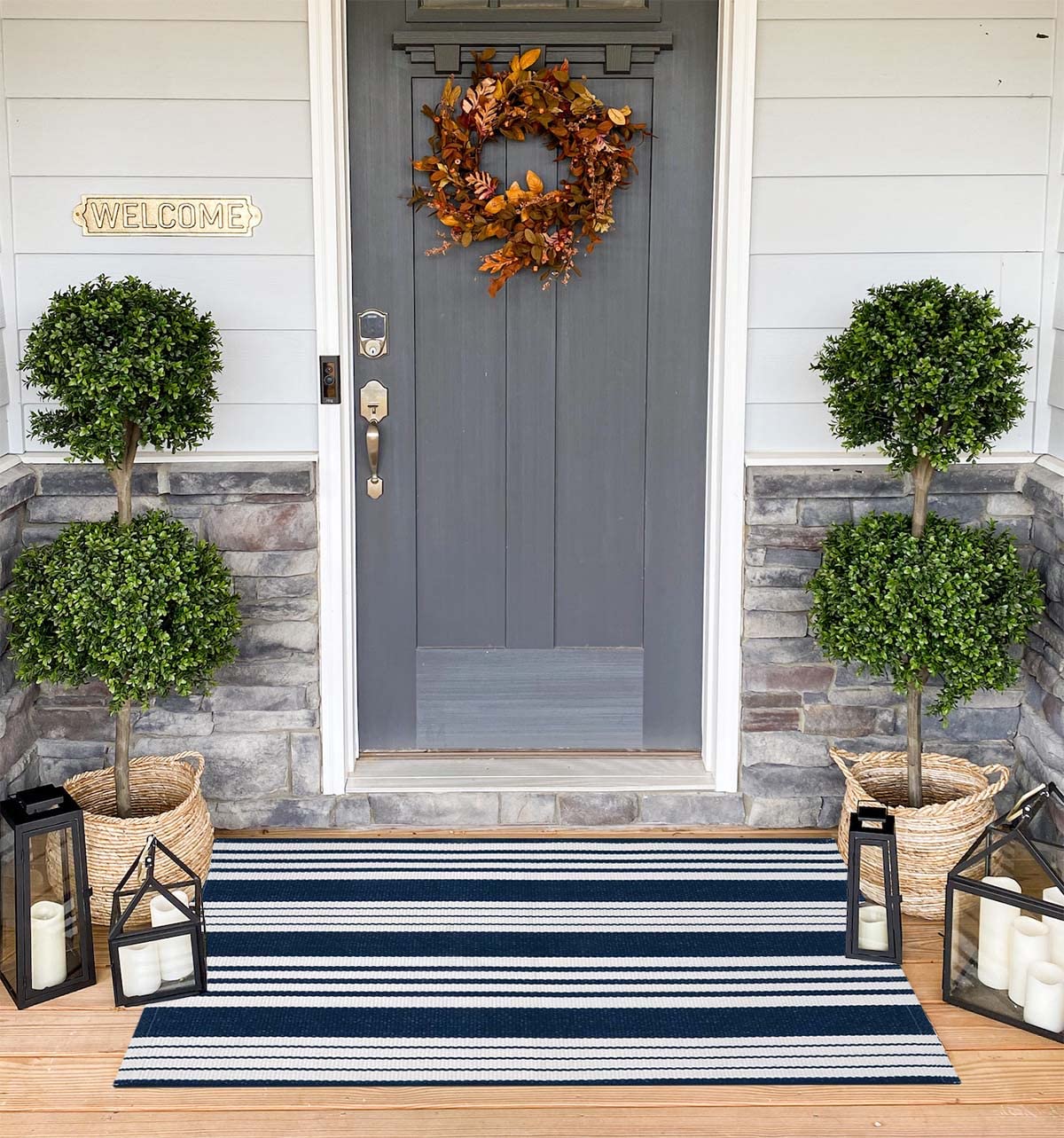 Blue Door Rug Blue and White Striped Rug 24'' x 51''Outdoor Front Porch Rug Hand ...