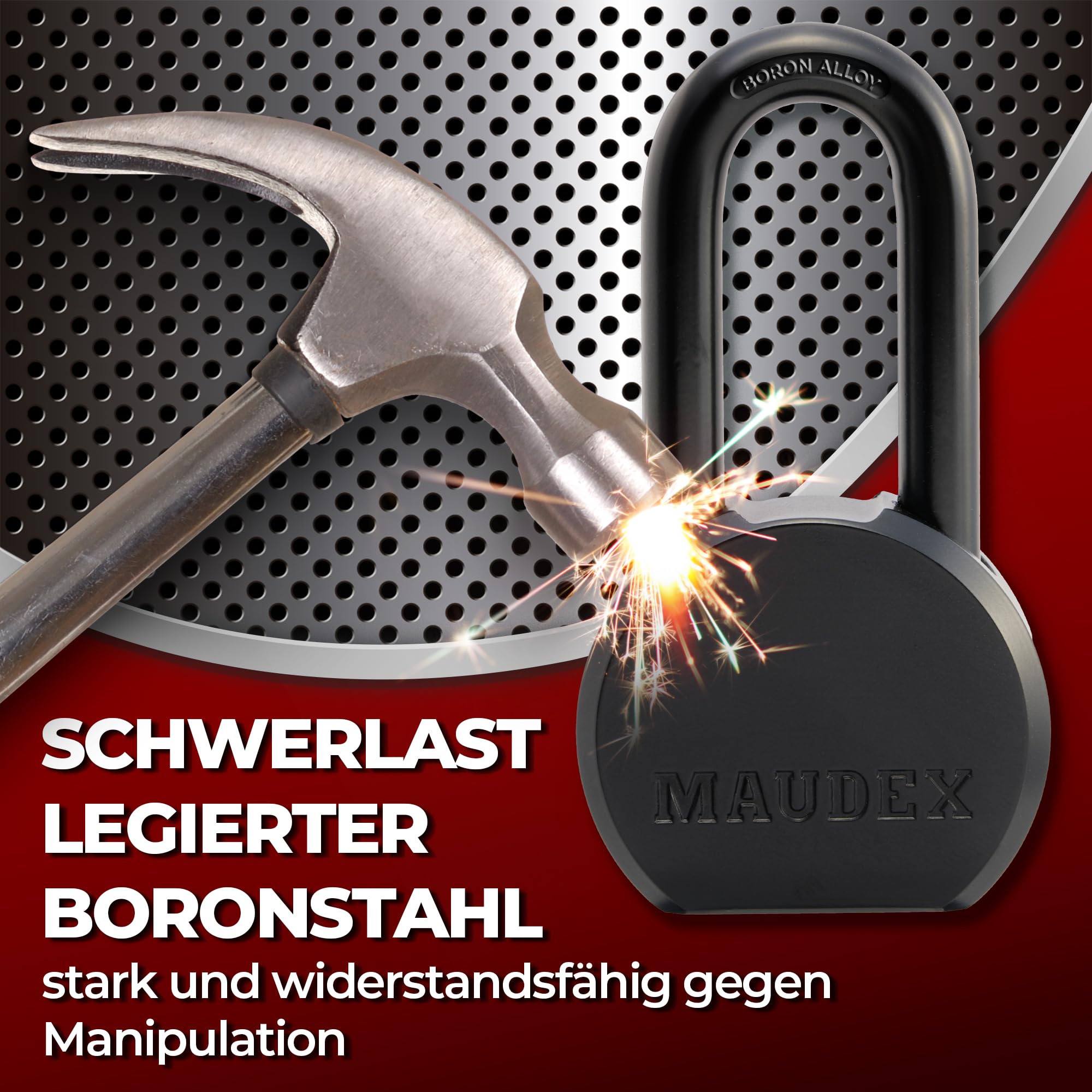 Maudex® PME65 Allwetter-Schutz Schwerlast Vorhängeschloss mit 5 Schlüssel - 12 mm Schnittfester Borlegierung Langer Bügel | Sicherheitsschloss für Schuppen, Tore, Container & Außenlager