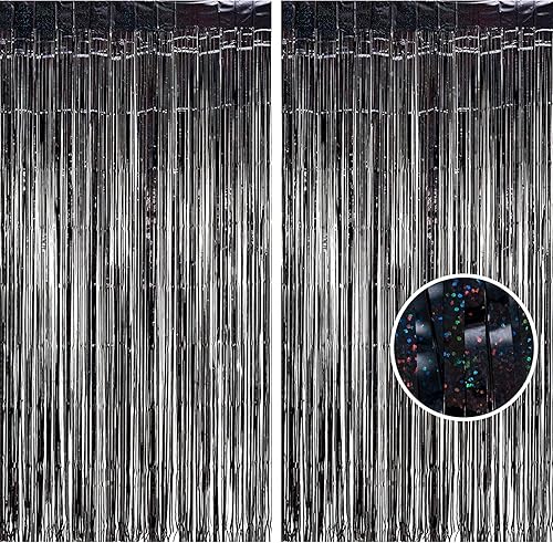 Miniatura 13 de BRAVESHINE Cortinas de fondo de fotos de oropel – Paquete de 2 cortinas de flecos de papel de aluminio negro y naranja de 3.2 x 8.2 pies para