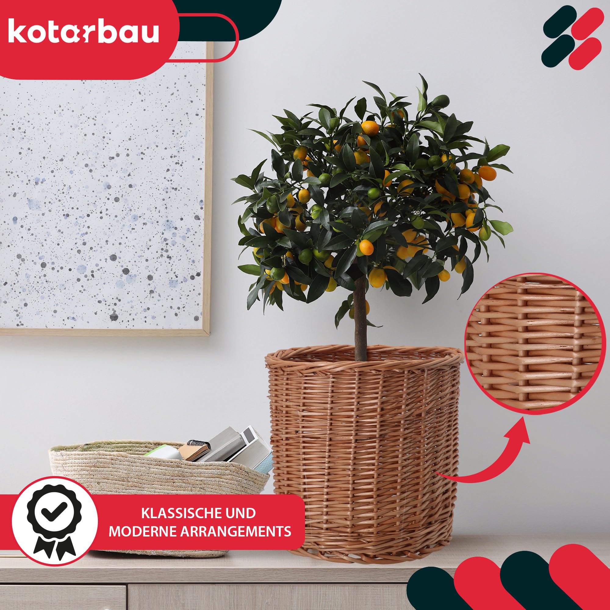 KOTARBAU® 2 x De Fleur en Osier pour Balcon Naturel 25x23cm Cache Pot Plante Interieur |Cache-Pots De Fleurs |Cache-Pot Osier |Panier Plante |Panier Osier Plante |Cache Pot Rotin |Grand Cache Pot