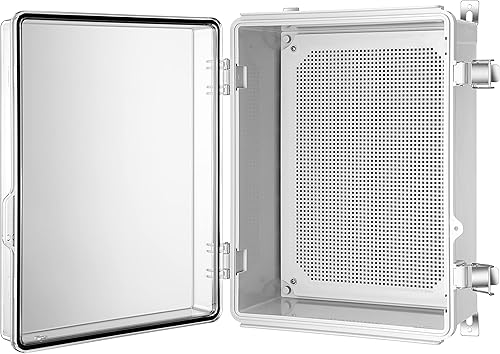 Vista 37 de Caja de conexiones, carcasa de plástico impermeable IP67 para proyectos eléctricos, cubierta gris con bisagras, incluye placa de montaje y soporte