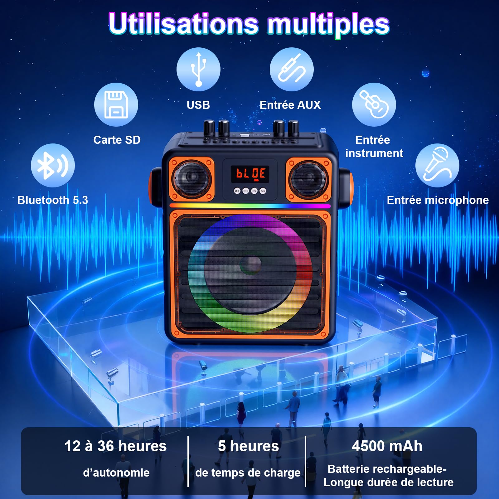 Machine de Karaoké avec 2 Microphones Sans Fil, GuKKK Haut-Parleur de karaoké Bluetooth Portable pour Adultes et Enfants, Système de Sonorisation de Fête avec Lumières Disco,Supporte TWS/FM/AUX/USB/TF