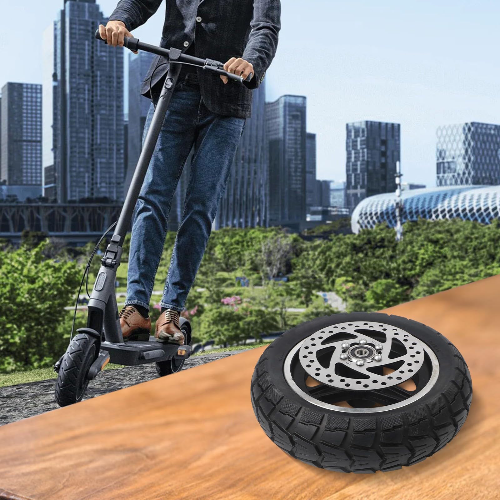 Neumáticos de goma maciza de 10 pulgadas, 10 x 2,70 – 6,5 pulgadas, rueda completa con disco para patinete eléctrico Offroad, color negro
