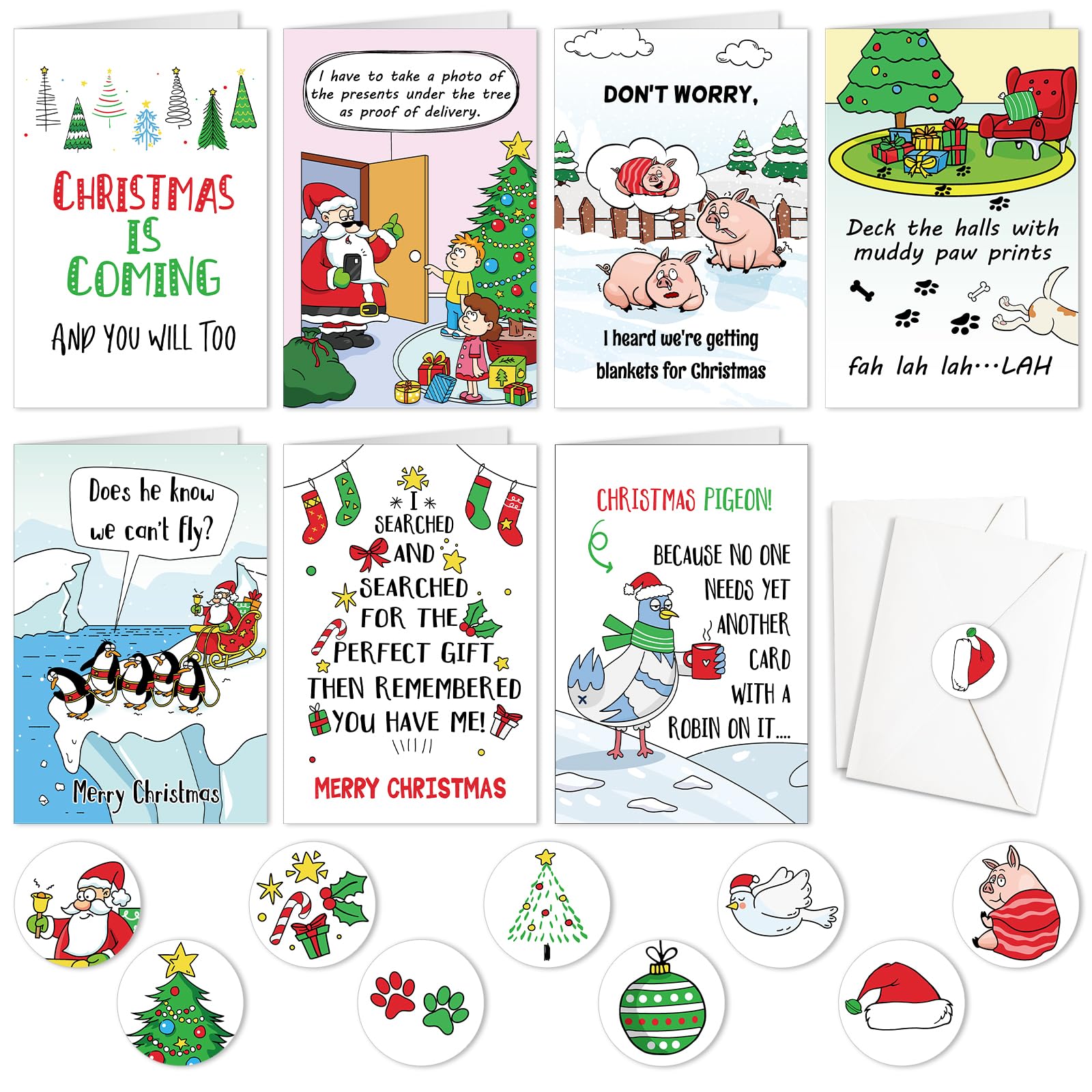 DPKOW Funny Christmas Cards Pack, 9 Style Humorous Christmas Greeting Card with Envelope Sticker, Xmas Gift Cards and 16 Sealing Stickers, Blank Inner