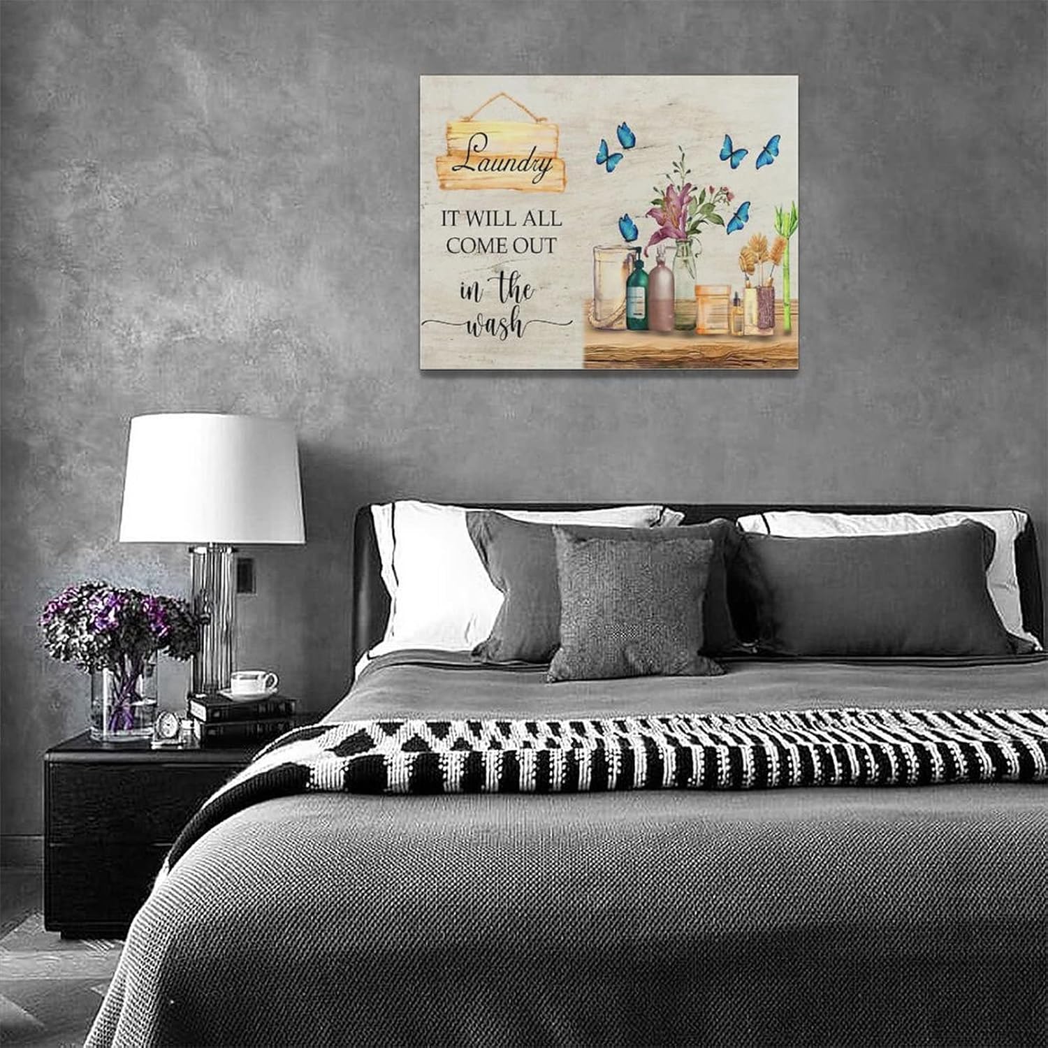 Farmhouse Laundry Room Wall Decor Rustic Laundry Room Signs Pictures Wall Art Country Butterfly Flower Floral Bathroom Canvas Print Painting Framed Home Artwork For Bathroom Washroom 16''x12''