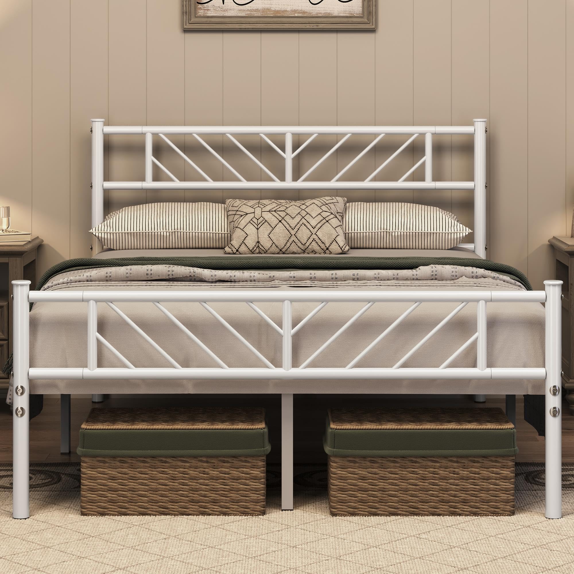 Yaheetech Metalen bed, 140 x 200 cm, minimalistisch bedframe met hoofdeinde, logeerbed met lattenbodem, voor slaapkamer, logeerkamer, 32 cm hoogte onder het bed, wit