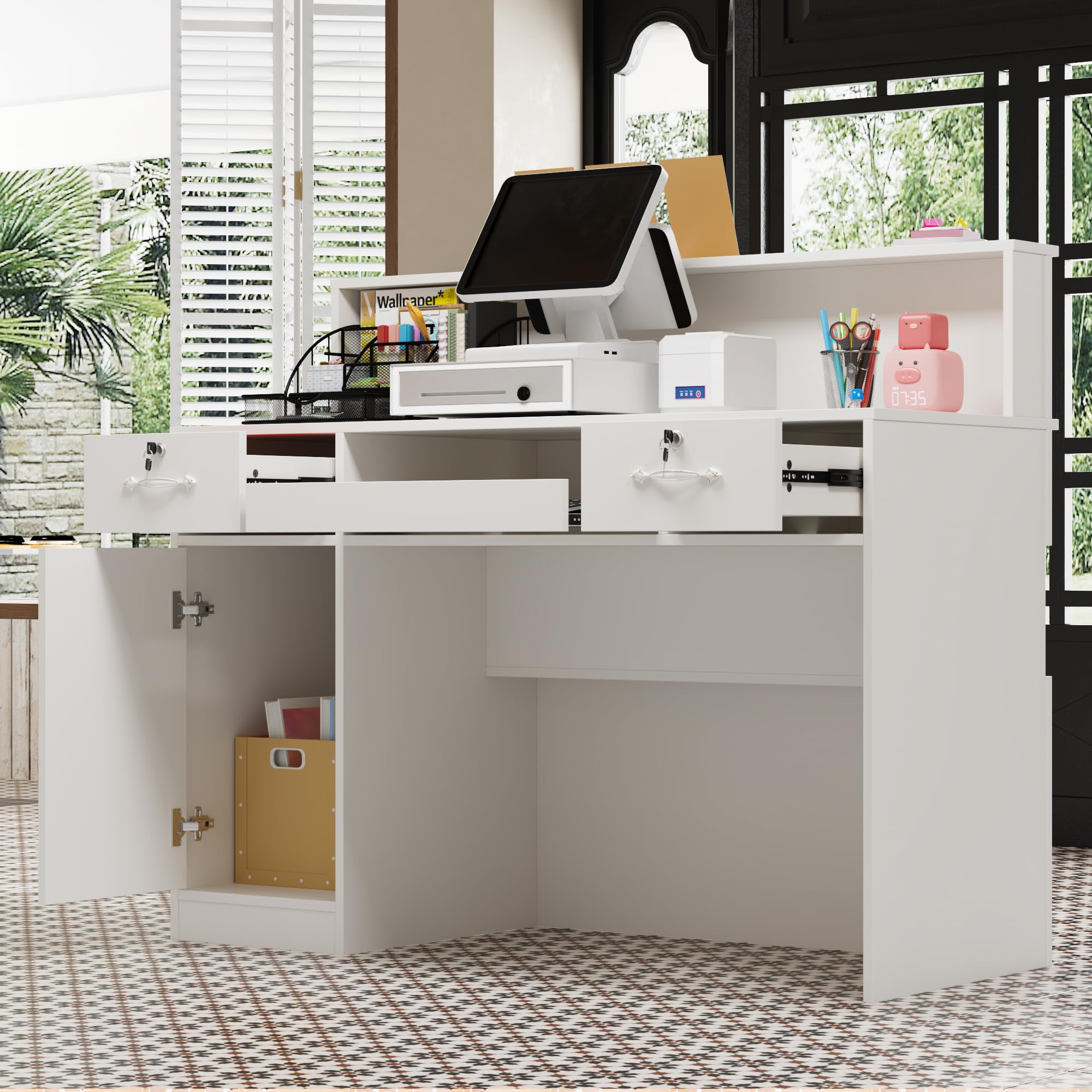 Mueble recepción, Mostrador de recepción, Mostrador de Tienda, Mostrador de Venta, con cajón para Teclado, Mueble de recepción, Blanco, MDF, 100cm X 120 cm X 50 cm