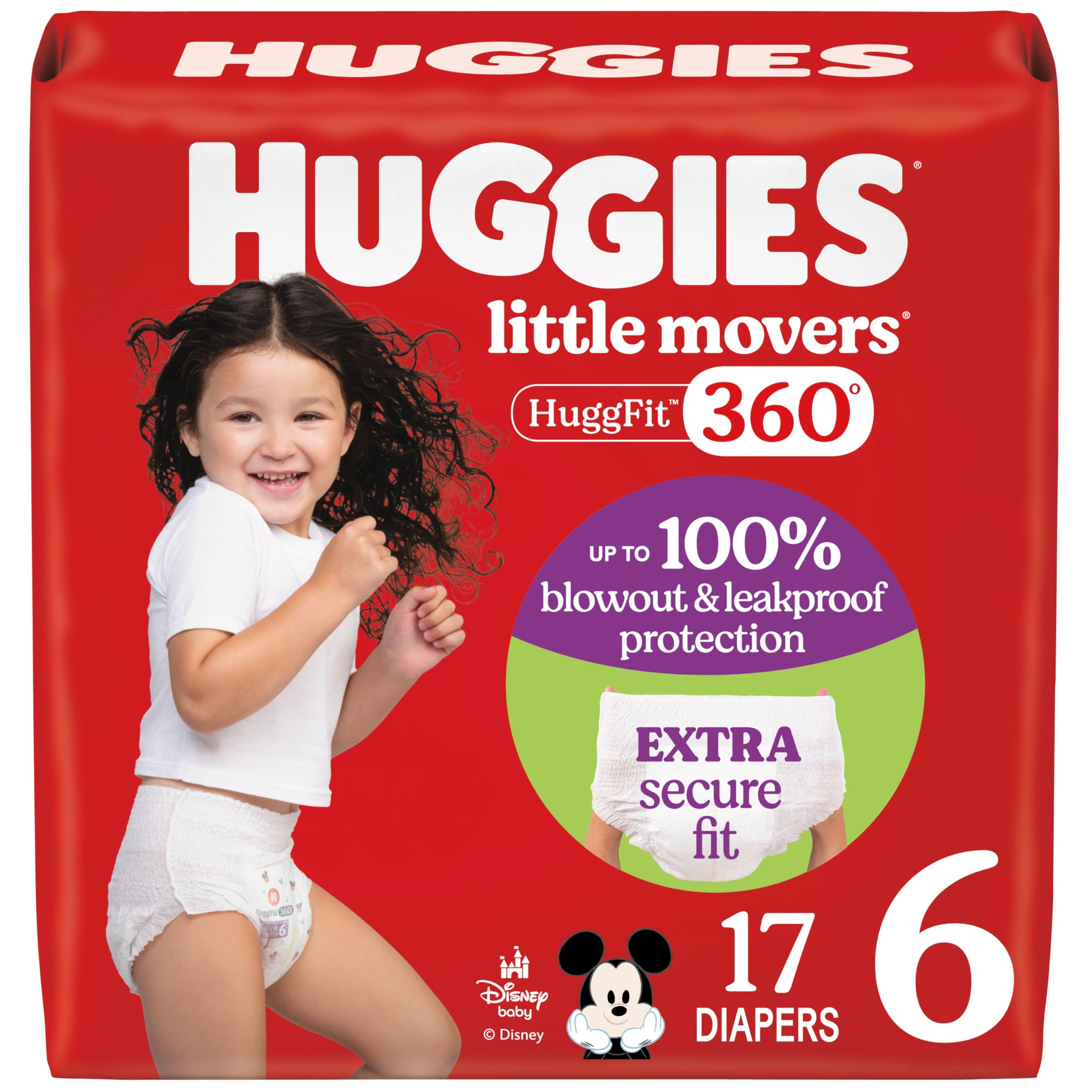 HuggiesSize 6 Baby Diapers, Little Movers HuggFit 360° Baby Diapers with 360° Waistband, Size 6 (35+ lbs), 17 Count, Packaging May Vary