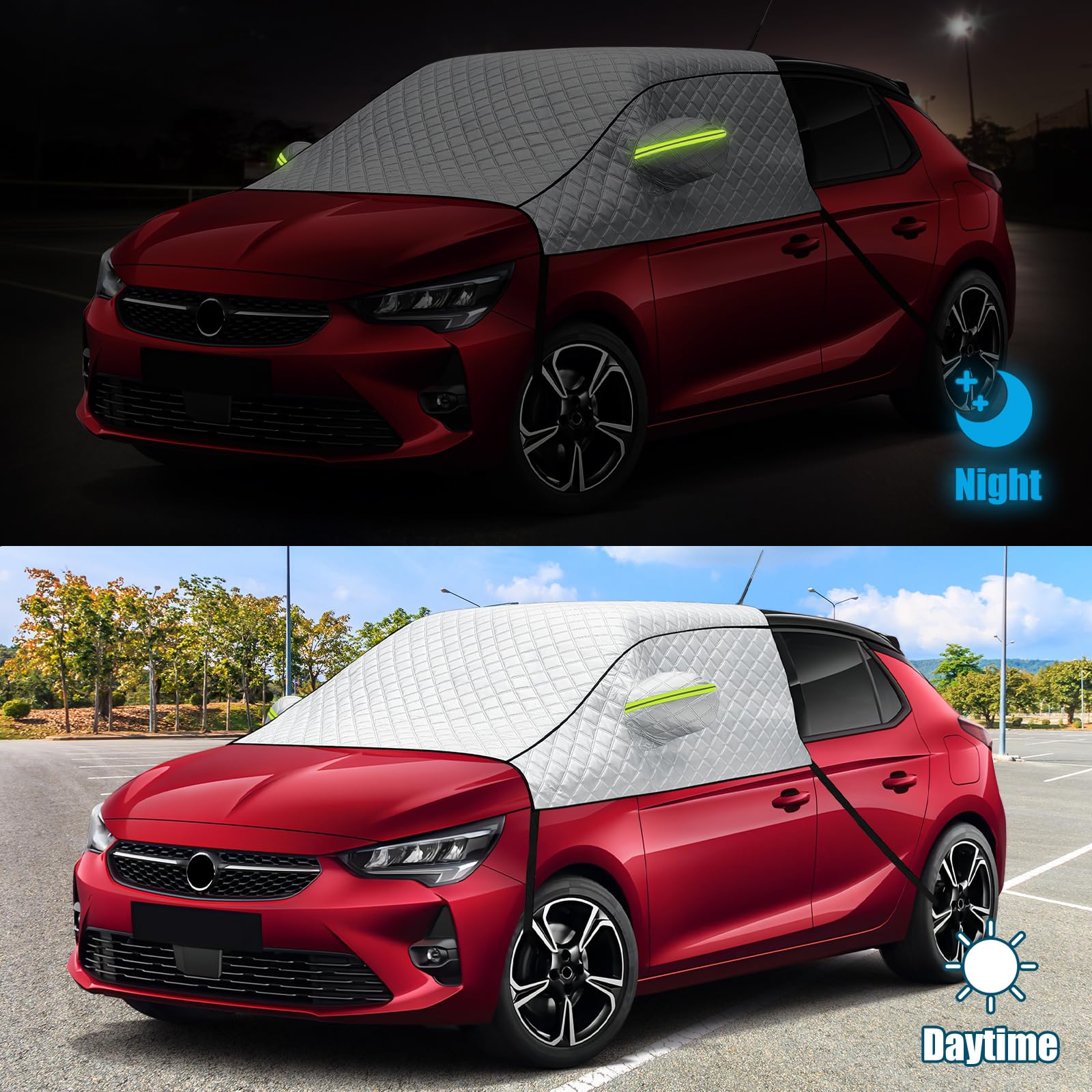 Osłona na przednią szybę kompatybilna z Opel/Vauxhall Corsa, srebrna osłona zewnętrzna okna bocznego, ochrona przed słońcem, blokuje promienie UV, odporna na warunki atmosferyczne osłona przedniej