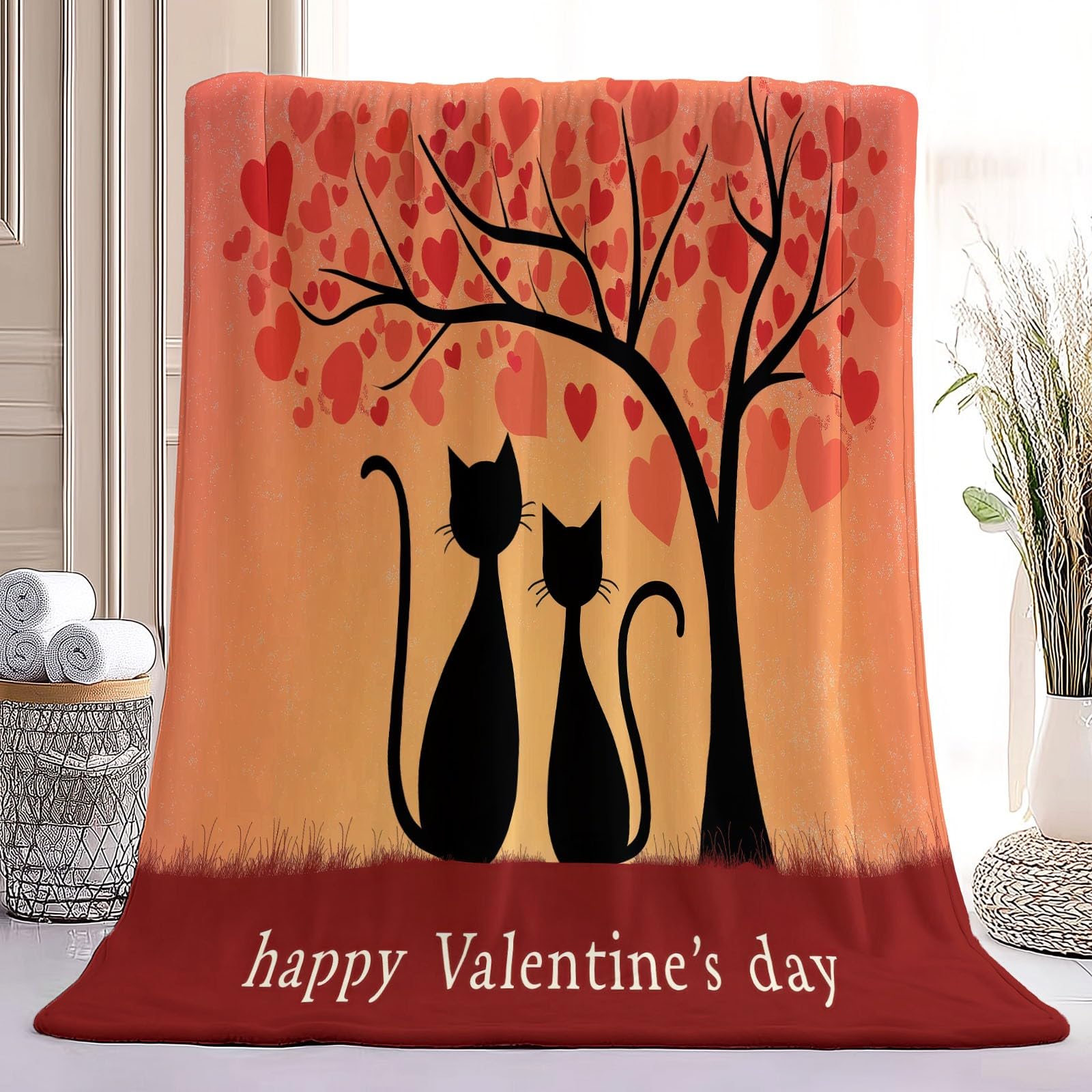Kuscheldecke Minimalistisch, Rosa Weich & Warme Flanell Sofadecke, Pärchen Schwarze Katze Baum Muster Plüsch Fleece Wohndecke für Teenager Frauen Tochter, 200x200 cm
