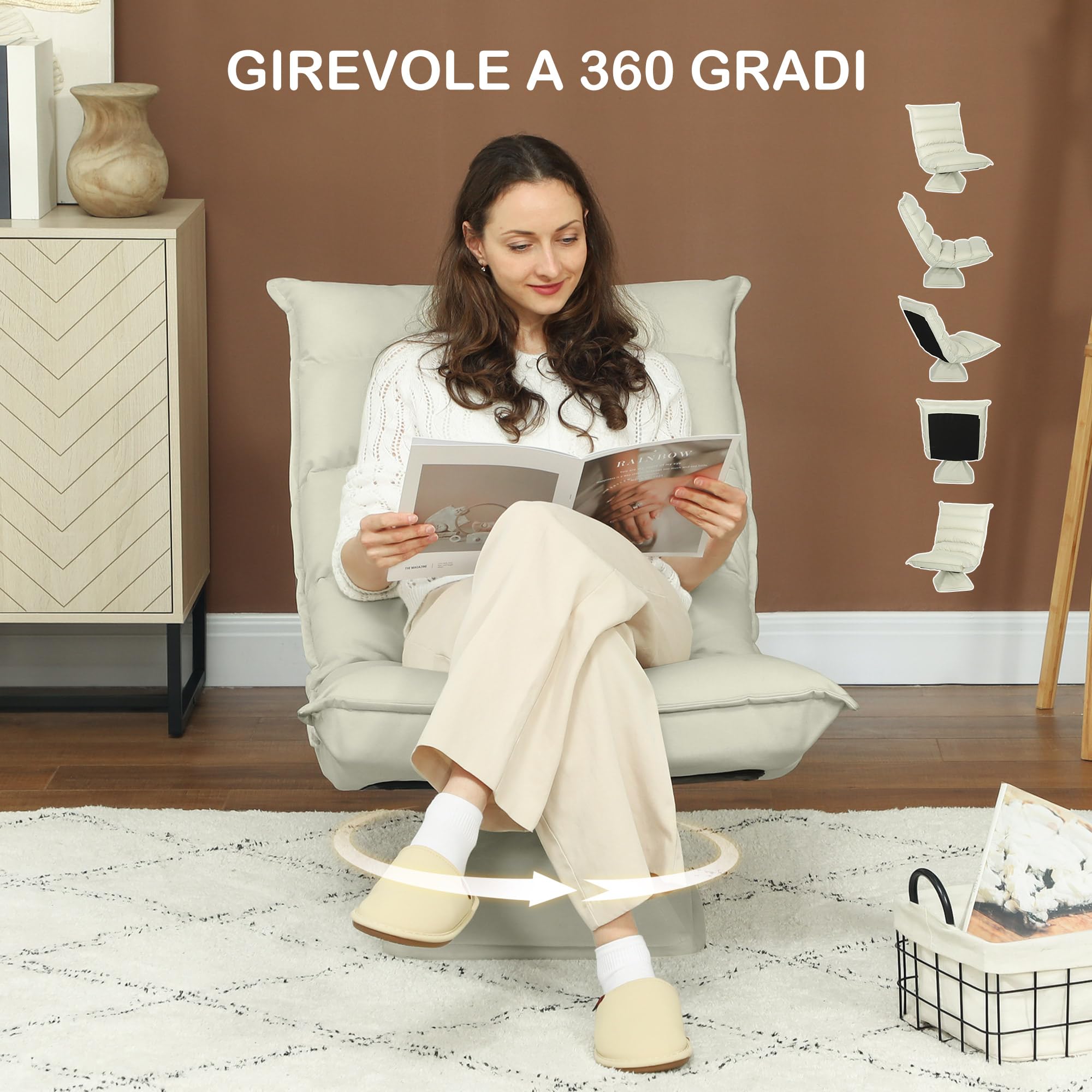 HOMCOM Poltrona Relax Tessuto Imbottita Girevole a 360° 62x70x95cm Beige | Poltrona Reclinabile a 3 Livelli, per TV, Giochi, Lettura, Yoga e Ufficio