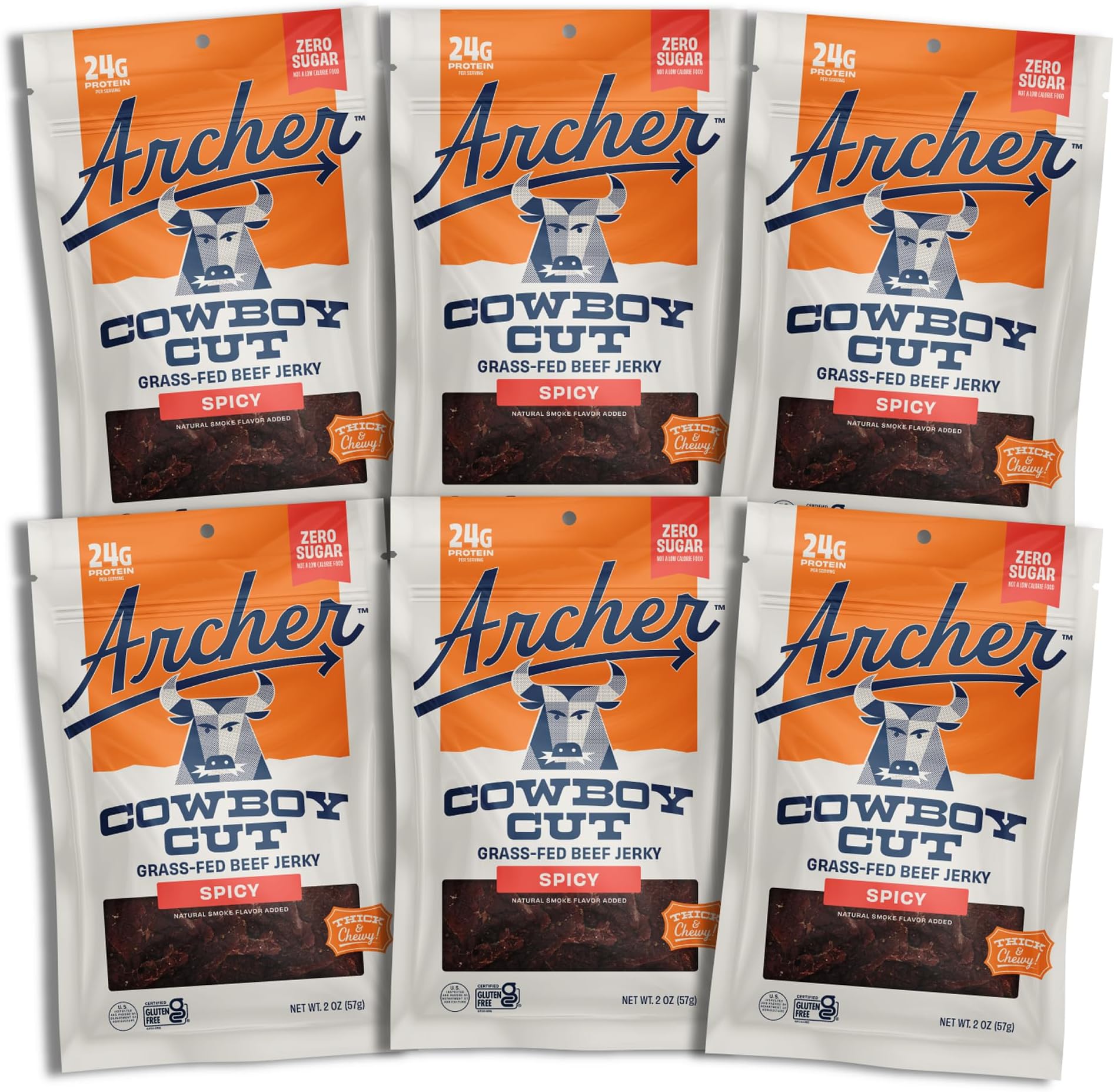 Country Archer Grass-Fed Beef Jerky - Zero Sugar Beef Jerky, Sugar Free Meat Snack, Bulk Individual Packs, Gluten Free, Paleo - Spicy, 2 Oz (Pack Of 6)
