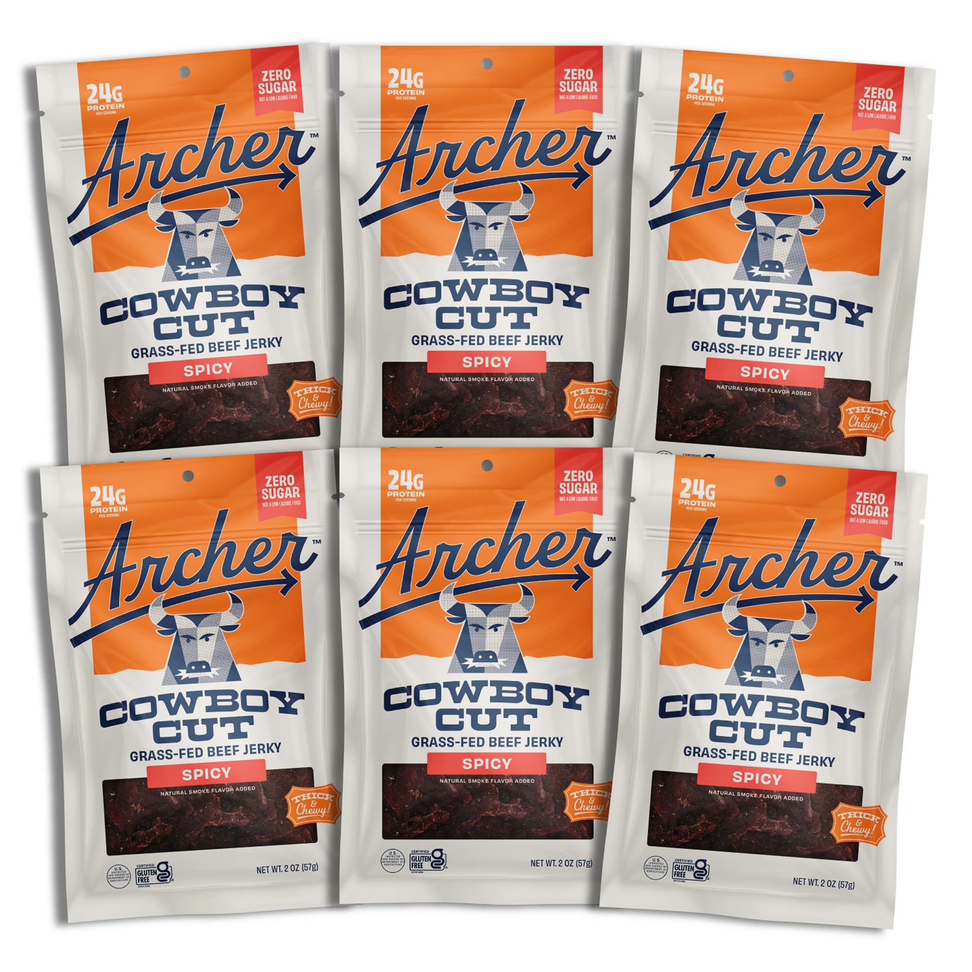 Archer Jerky Grass-Fed Beef Jerky - Zero Sugar Beef Jerky, Sugar Free Meat Snack, Bulk Individual Packs, Gluten Free, Paleo - Spicy, 2 oz (Pack of 6)