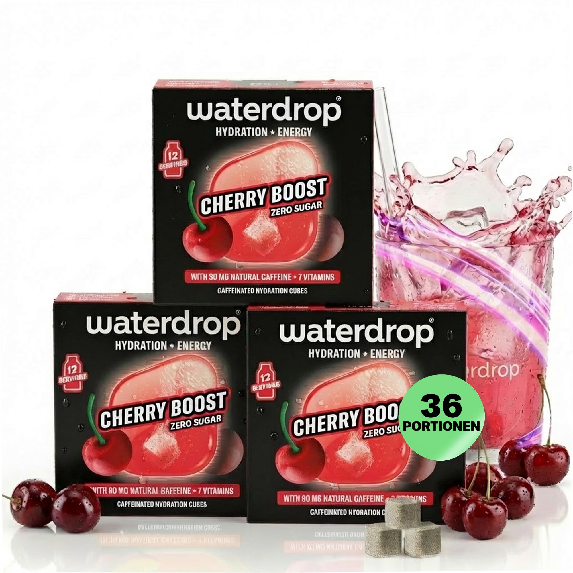 waterdrop® Microenergy CHERRY – 36 Waterdrop Drops Würfel mit natürlichem Koffein 90mg – Alternative zu Energy Drinks – Zuckerfreies Geschmackspulver für Getränke – Flavour Drops im Wasser auflösen