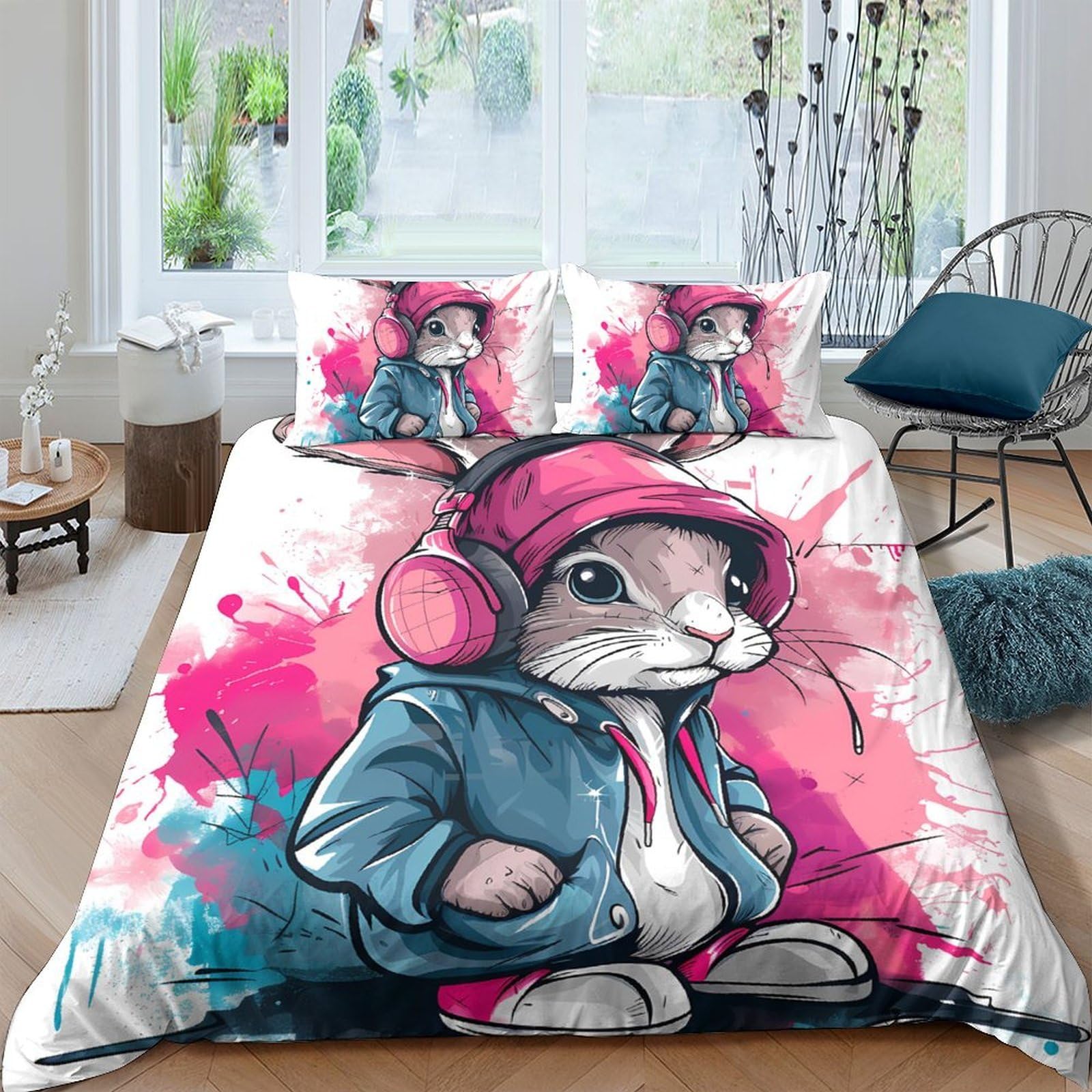 Ctjqhvkz Style-5 3D Printed Cartoon Rabbit Fitted Sheet Microfiber Soft Pink Blue Graffiti Bed Cover For Bedroom Dorm Decor Single（135X200cm）