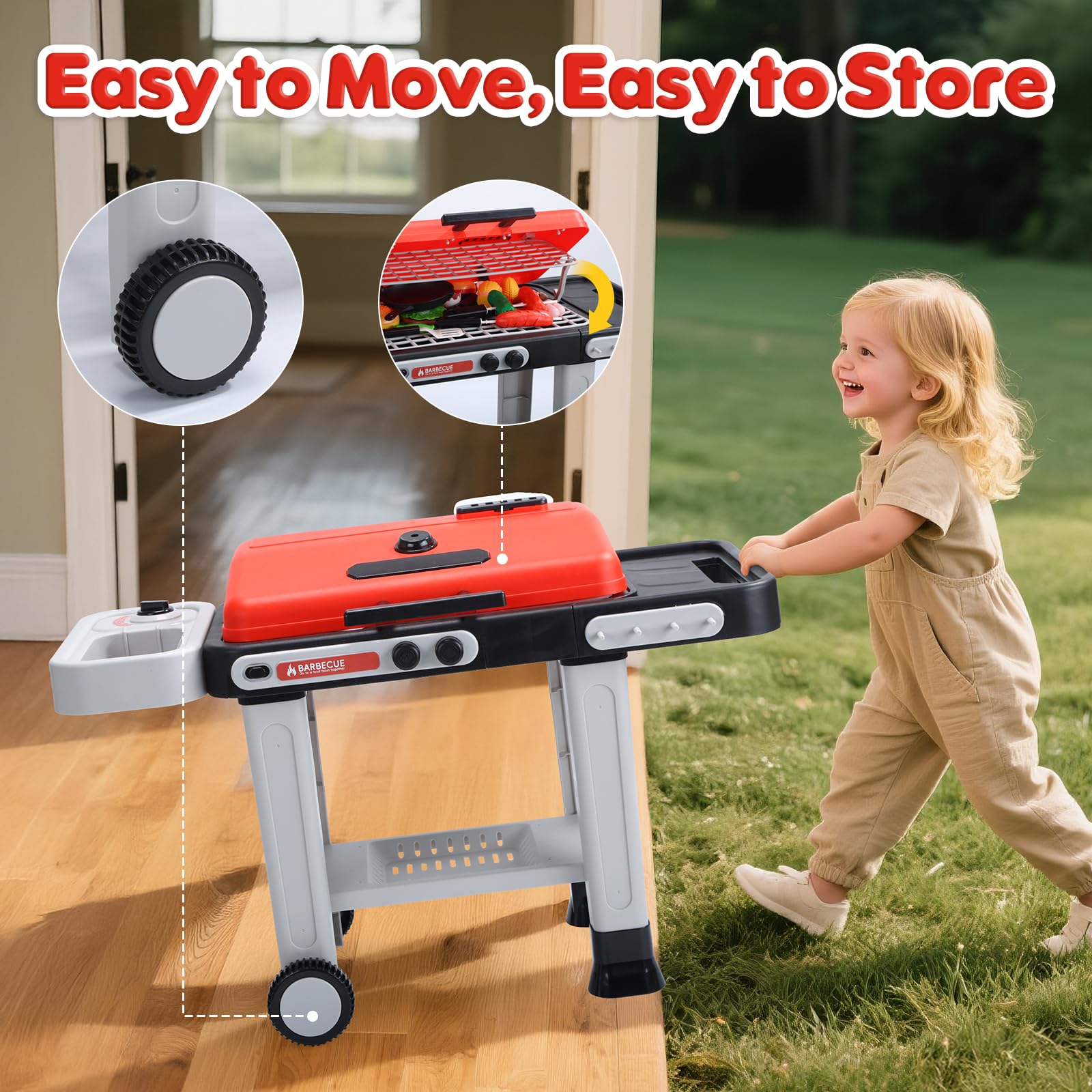 CUTE STONE Barbacoa de Juguete para niños con Comida Que Cambia de Color, Sonidos, Luces, Vapor, Juego de Cocina con Parrilla y sartén, Barbacoa de 2 Niveles con Ruedas – Regalo Ideal