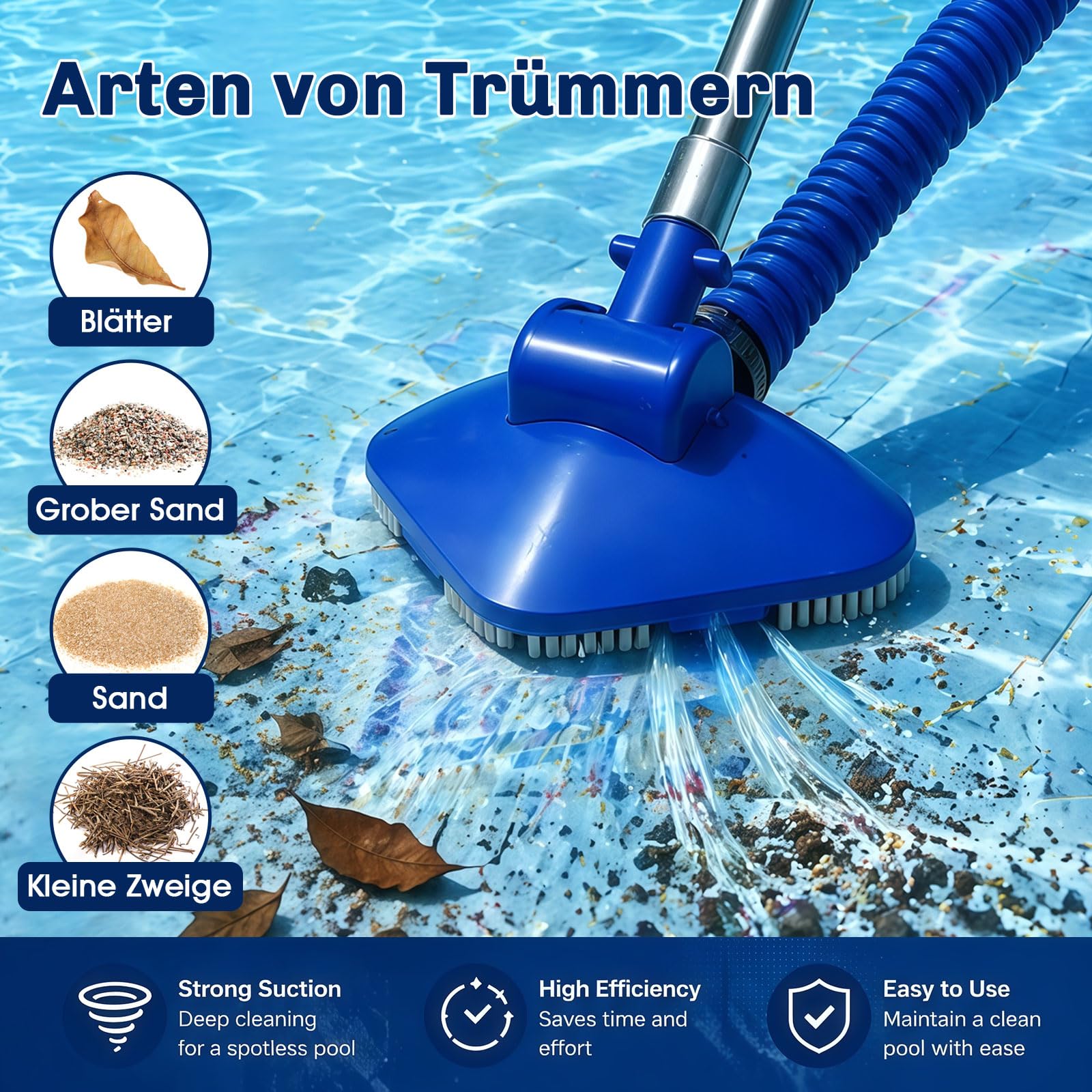 2.0 Upgrade Poolsauger Handheld Kabellos mit Teleskopstange und Schlauch, Starke Saugleistung Poolreiniger Bodensauger Pool Zubehör für Pool Schwimmbad Whirlpool Spa