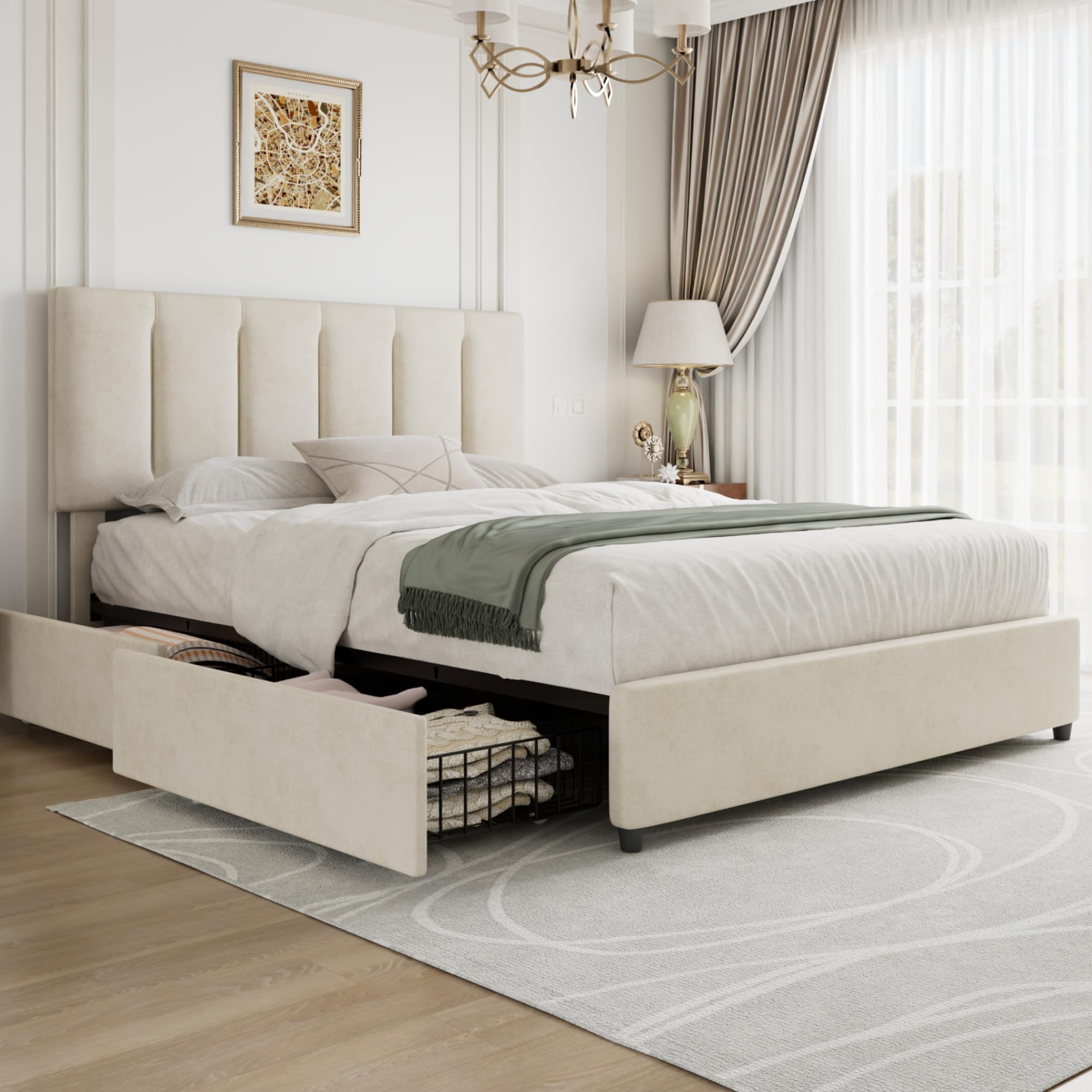 VECELO 4ft6 Double Bed Frame with 4 Storage Drawers, 135×190 cm Upholstered Platform with Adjustable Velvet Headboard, Wood Slat Support, No Box Spring Needed