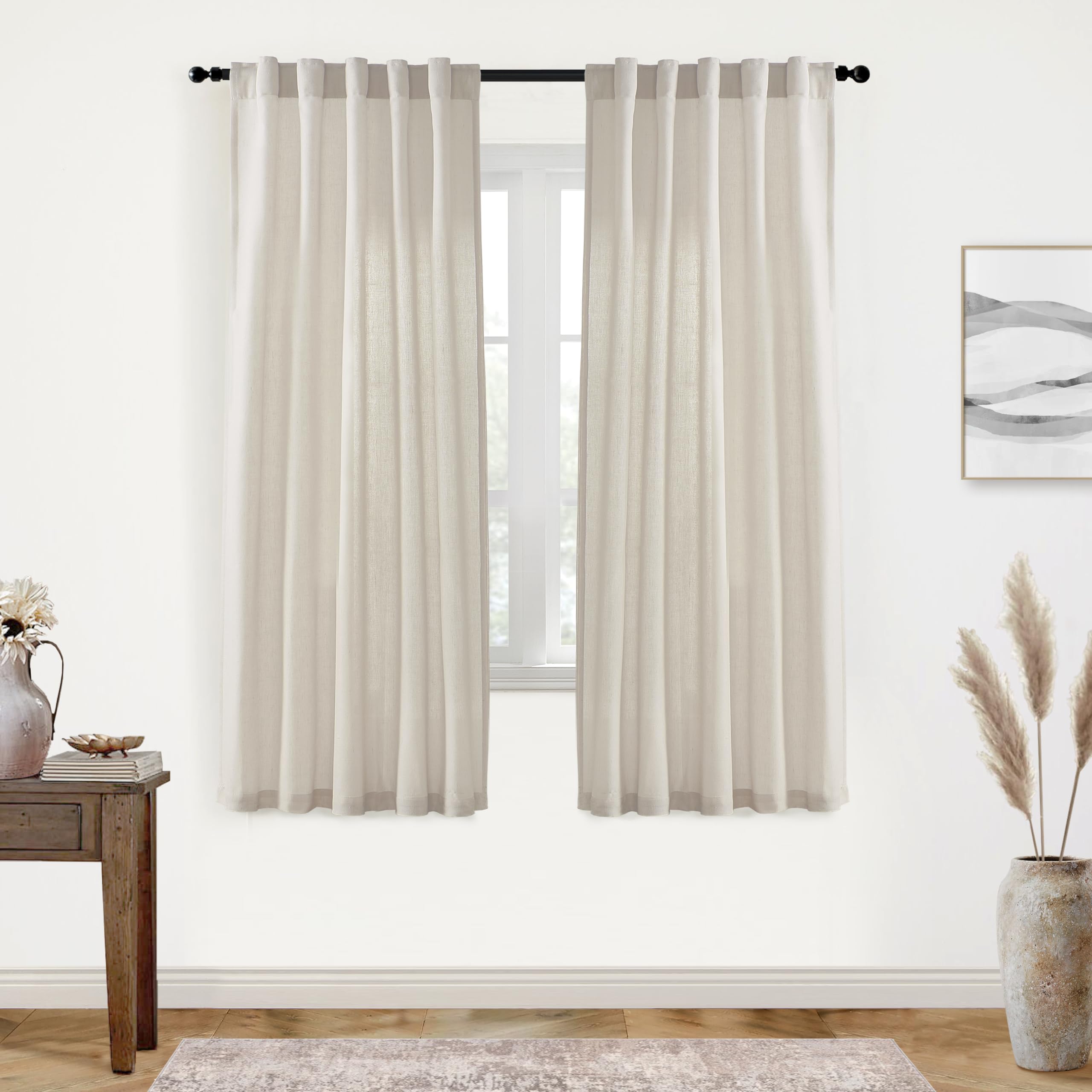 XTMYI Oatmeal Beige Back Tab/Hook Belt Linen Cotton Sheer Curtains 72 Inch Length for Bedroom 2 Panels Set