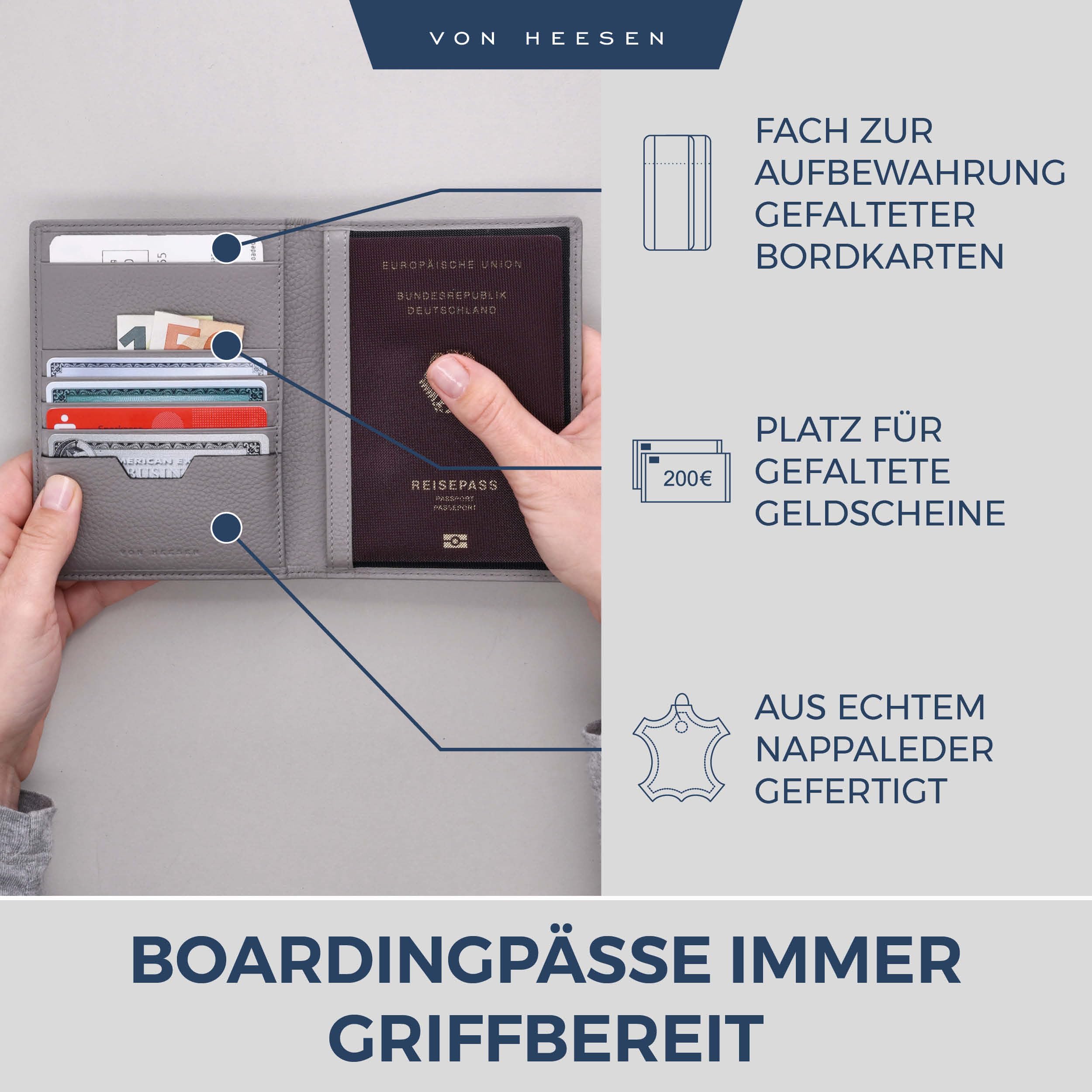 VON HEESEN Funda de piel para pasaporte con protección RFID para hombre y mujer, gris, Funda para pasaporte