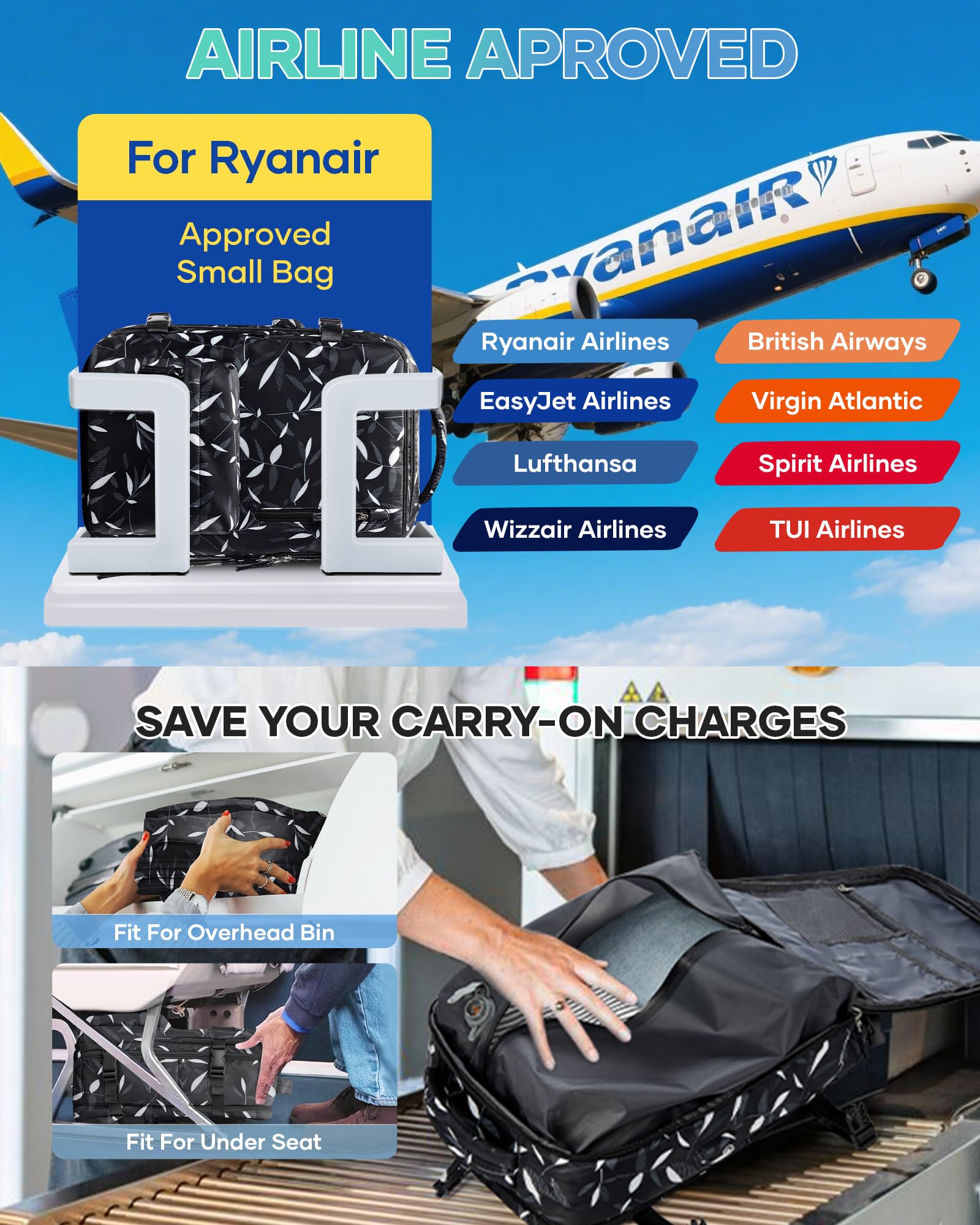 SZLX Zaino Ryanair 40x30x20 Sottovuoto Bagaglio a Mano 40x20x25 Donna Zaino da Viaggio 40x30x20 Wizzair Borse da Cabina per Easyjet 45x36x20 Uomo per Laptop 14 Pollici con Porta USB e Porta Scarpe