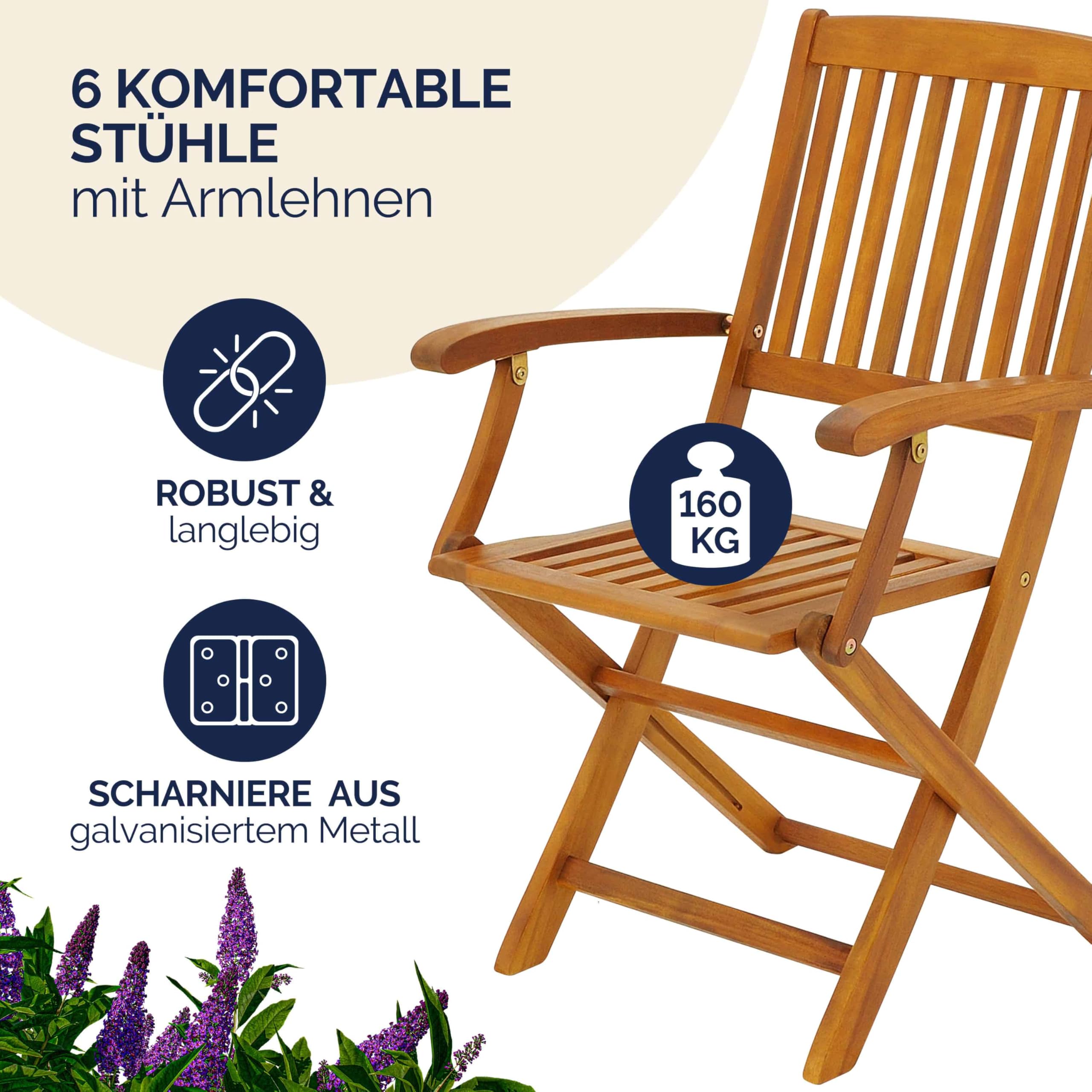 Casaria® Gartenmöbel Set Holz Wetterfest Klappbar 7-TLG. Schirmständer Armlehnen Garten Balkon Terrasse 160x85cm Akazie Braun