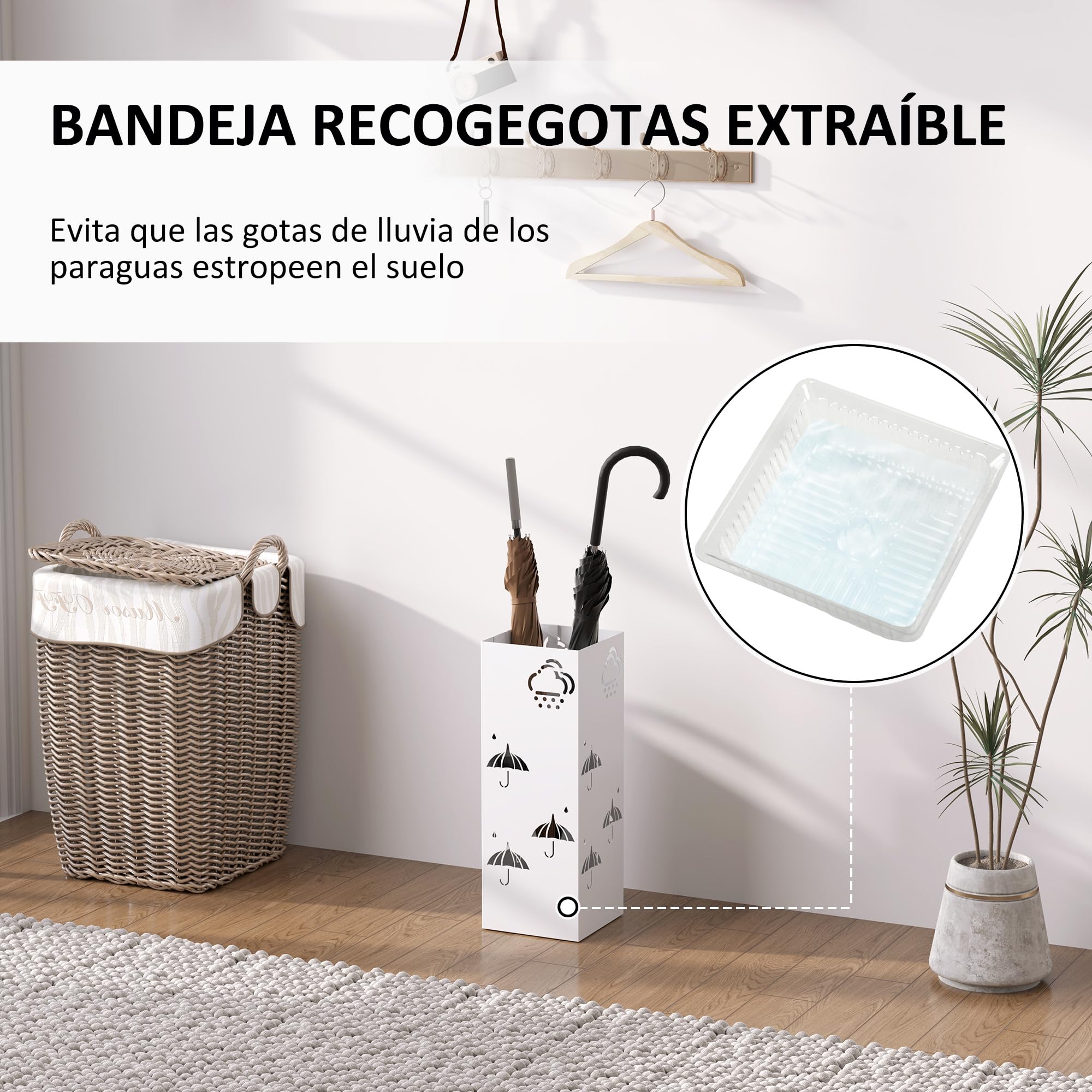 HOMCOM Paragüero de Acero Soporte Paraguas 4 Ganchos Bandeja Goteo Extraíble Blanco Entrada Oficina 15,5x15,5x41 cm