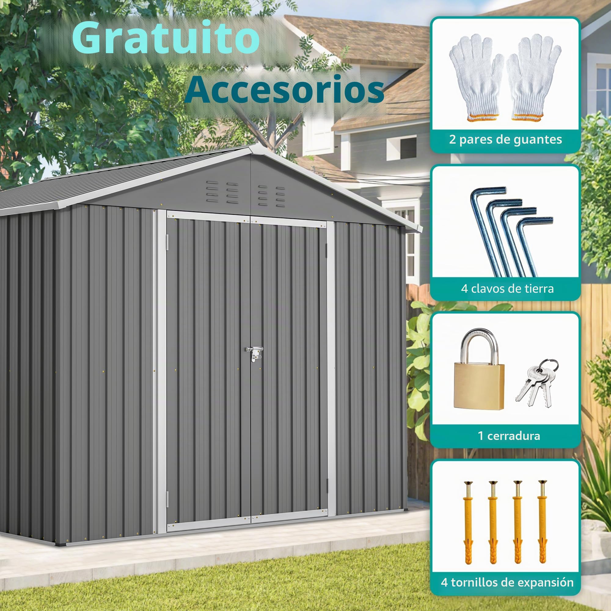 Caseta de jardín de 240 x 180 cm, resistente a la intemperie, con base de metal, sin fondo, cobertizo de jardín para terraza, jardín, herramientas y exteriores, carbón negro