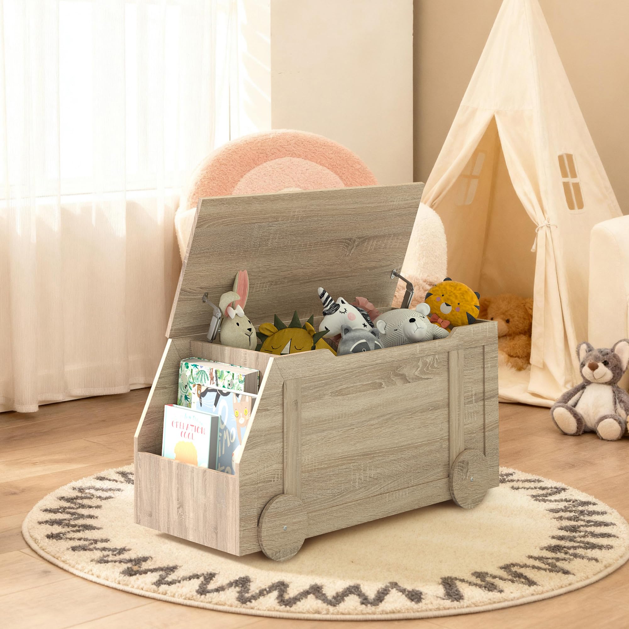 NACHES Sitzbank mit Stauraum, 100 x 40 x 51cm, Kinderzimmer (Natur) | Spielzeugkiste für Kinder, mit Deckel, Spielzeug Aufbewahrungsbox, für Flur, Schlafzimmer, Wohnzimmer