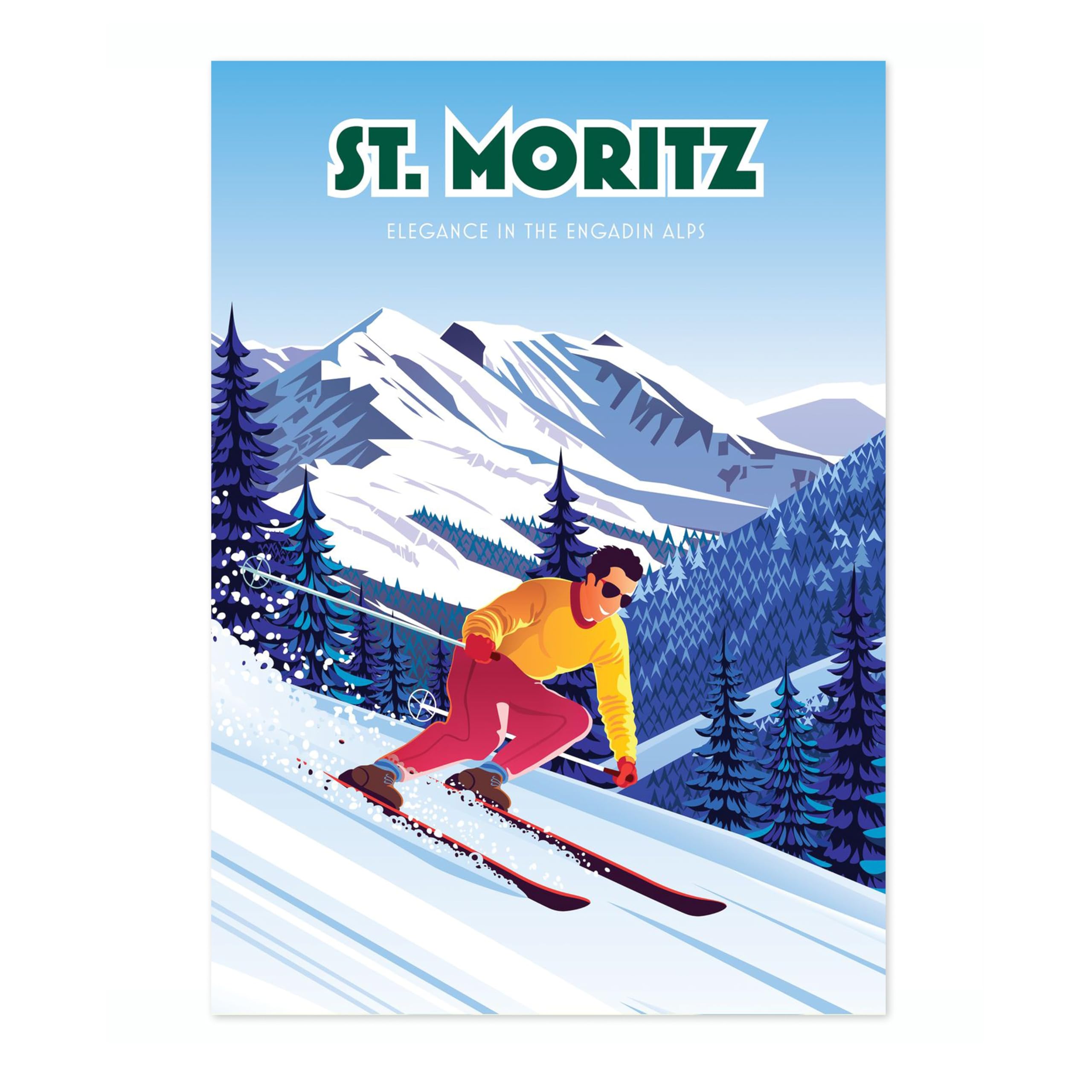 St, Moritz Vintage Skiing Poster, Minimalist Wall Art, Mountain Travel Prints, Snow, Ski Trip Home Decor, 50x70cm (Print Only) - 50x70cm