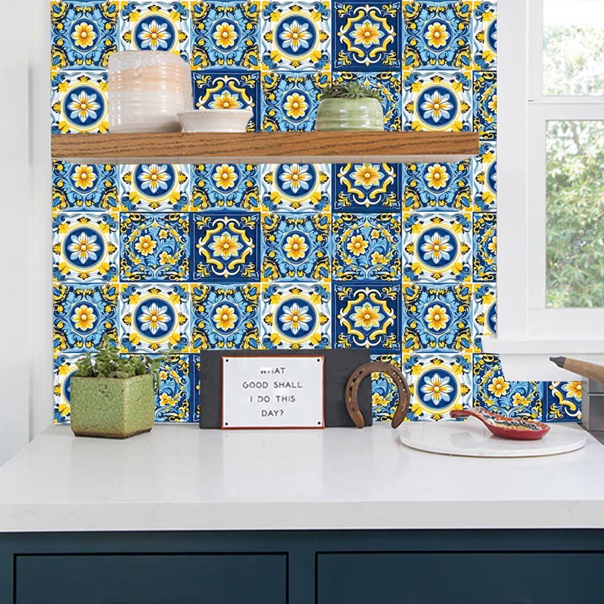 Floral Self-Adhesive DIY Stickers Peel and Stick Backsplash Waterproof Wall Art Decals Home Decor in Boho Talavera Moroccan Design, 4x4 Inch