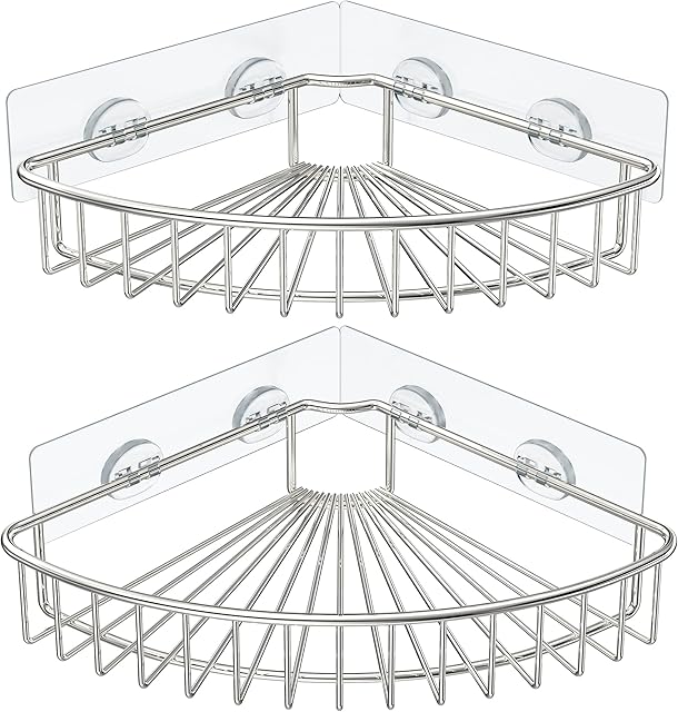 HEETA 2-Pack Corner Shower Caddy, Wall Mounted Storage Basket Shelve Adhesive, Bathroom Shelf Organiser for Shower Toilet Dorm Kitchen, SUS304 Stainless Steel No Drilling (Silver)