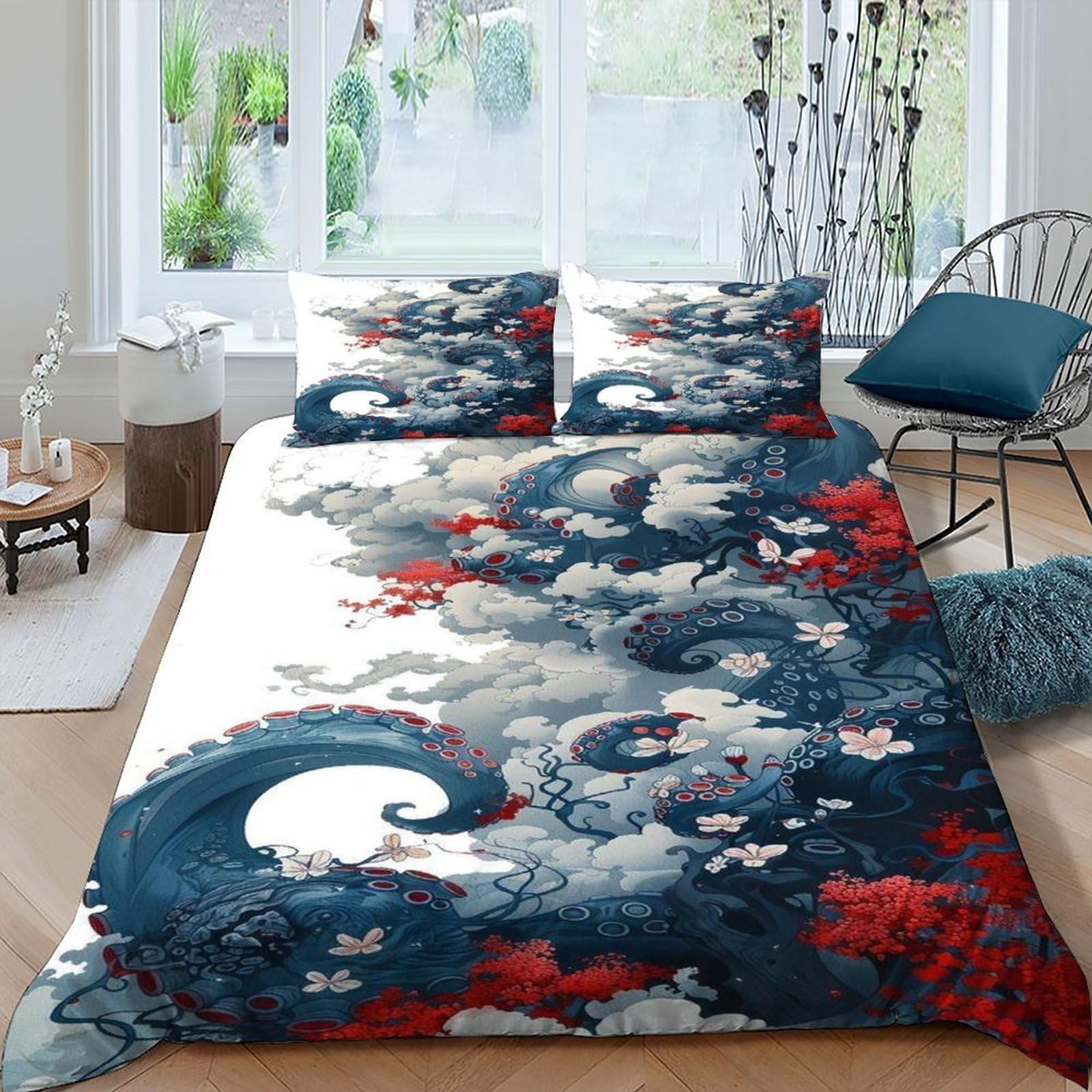 Octopus Tentacles Bedding Set 3D Digital Printing Animal Theme Wildlife Marine Animal Duvet Cover Set Pillowcase Microfiber Universal for All Seasons King（220x240cm）